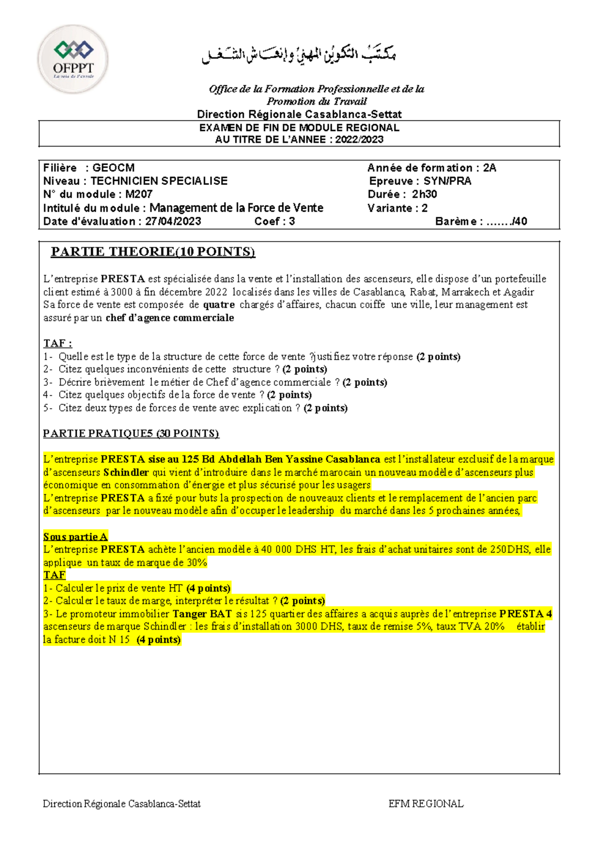 Examen de Fin de Module M207 : Management de la Force de Vente V2 - Studocu
