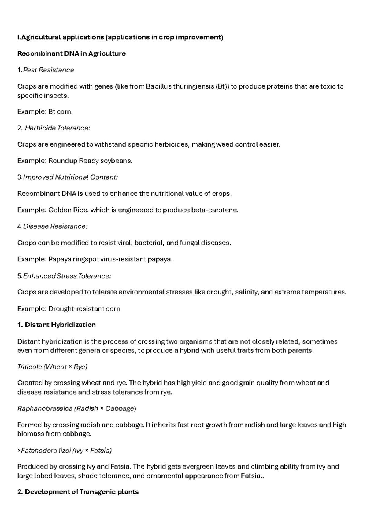 Gen - Notes on Recombinant DNA Applications in Agriculture - Studocu