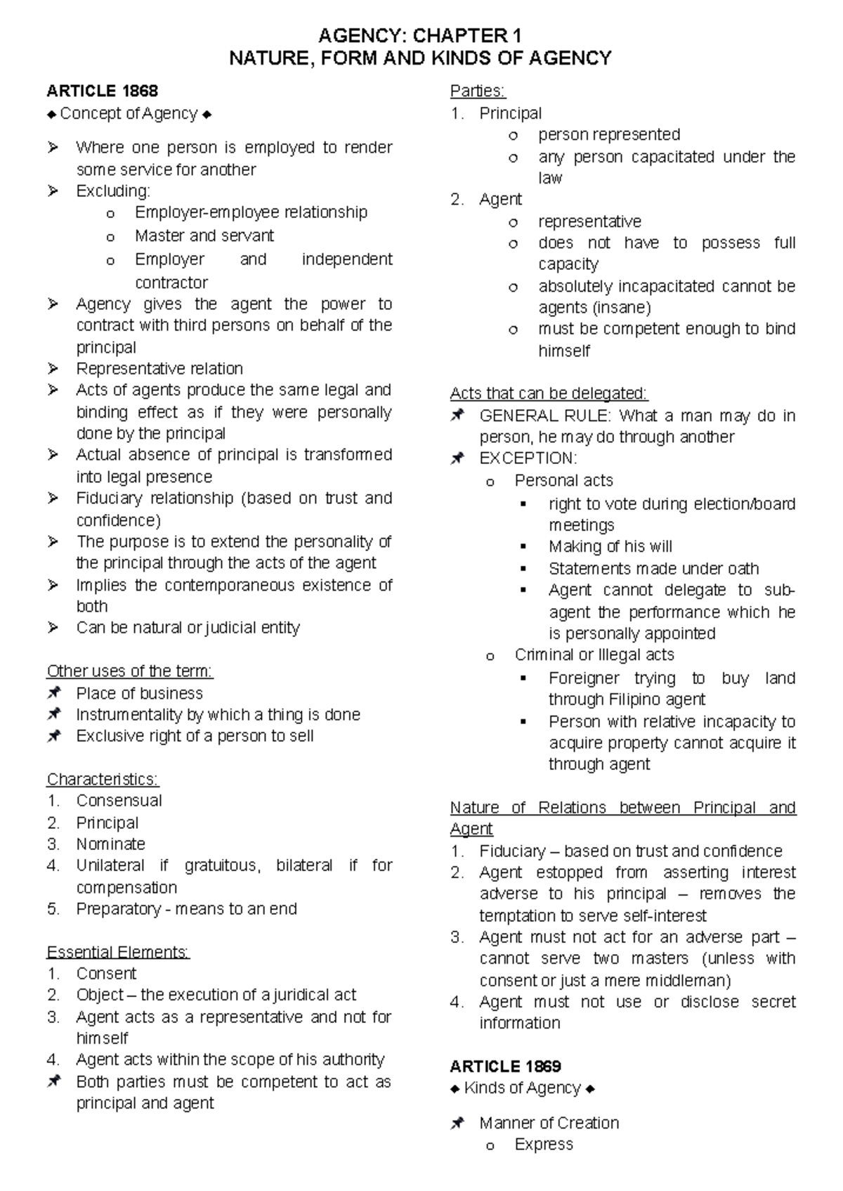 Agency (LAW 101): Chapter 1 - Nature, Form, and Kinds of Agency - Studocu