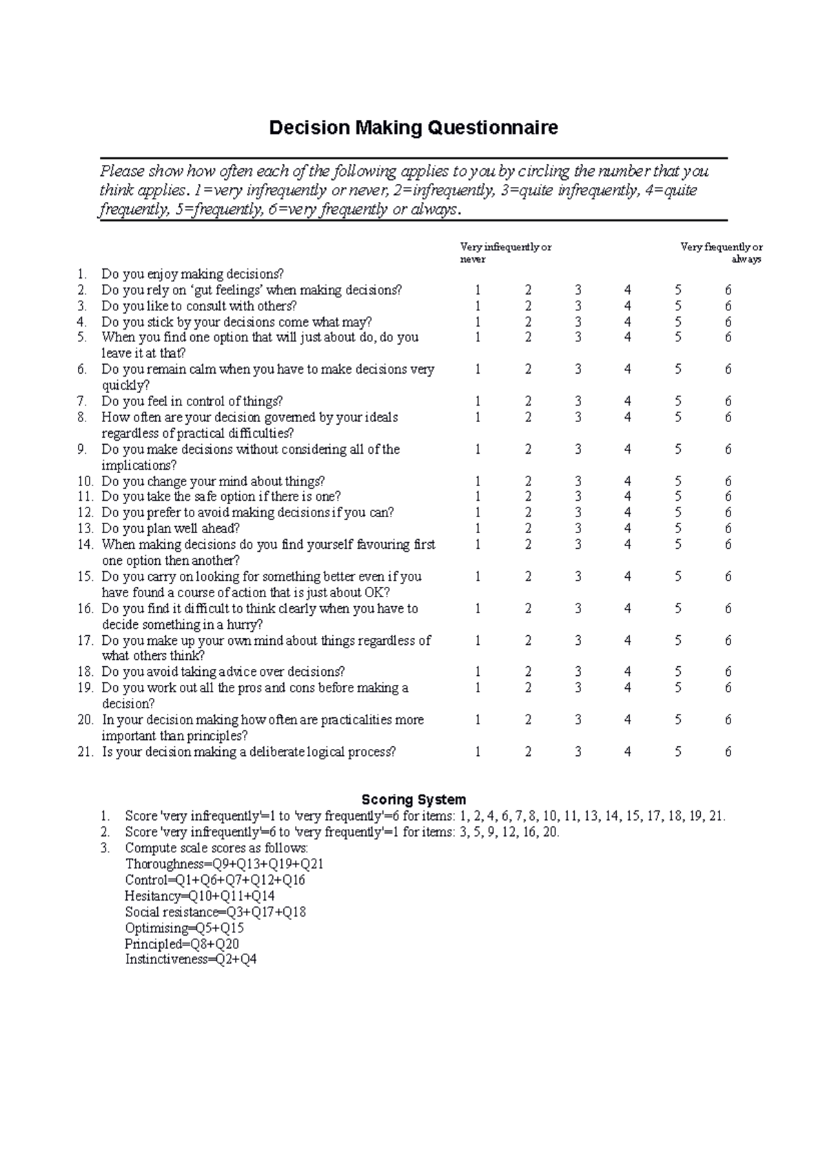 Decision Making Questionnaire for Understanding Styles and Risks - Studocu