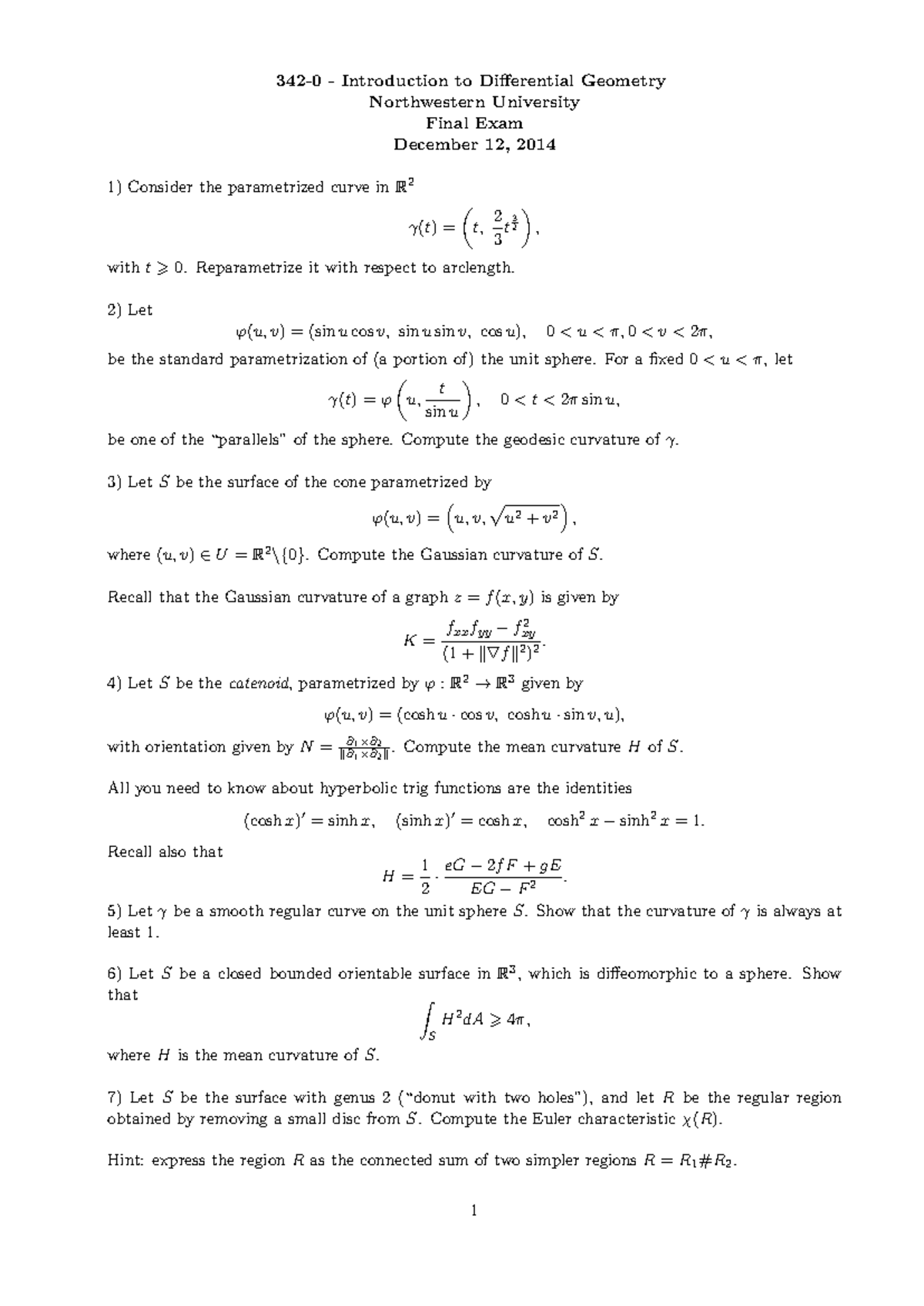 342-0 - Differential Geometry Final Exam Study Notes - Studocu