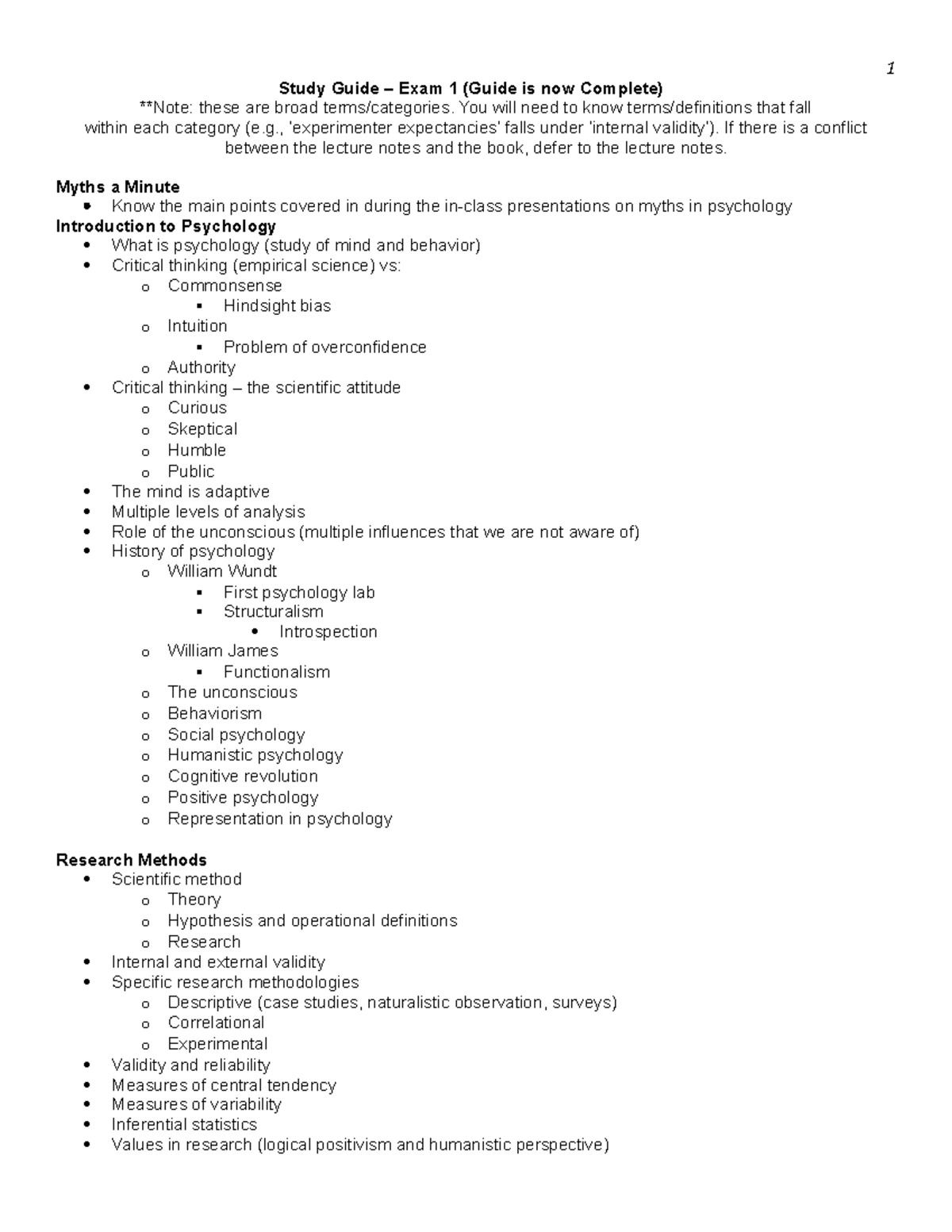Study Guide - PSY 101 Exam 1: Key Concepts and Topics - Studocu