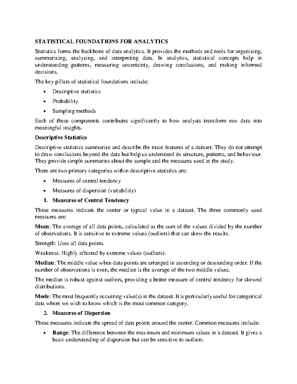 STAT 101: Statistical Foundations for Analytics - Key Concepts and ...
