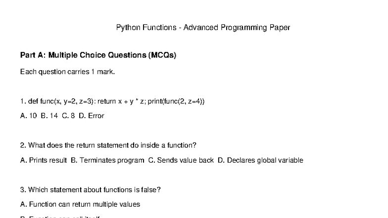 Python Functions Advanced Programming MCQs & Programming Questions ...