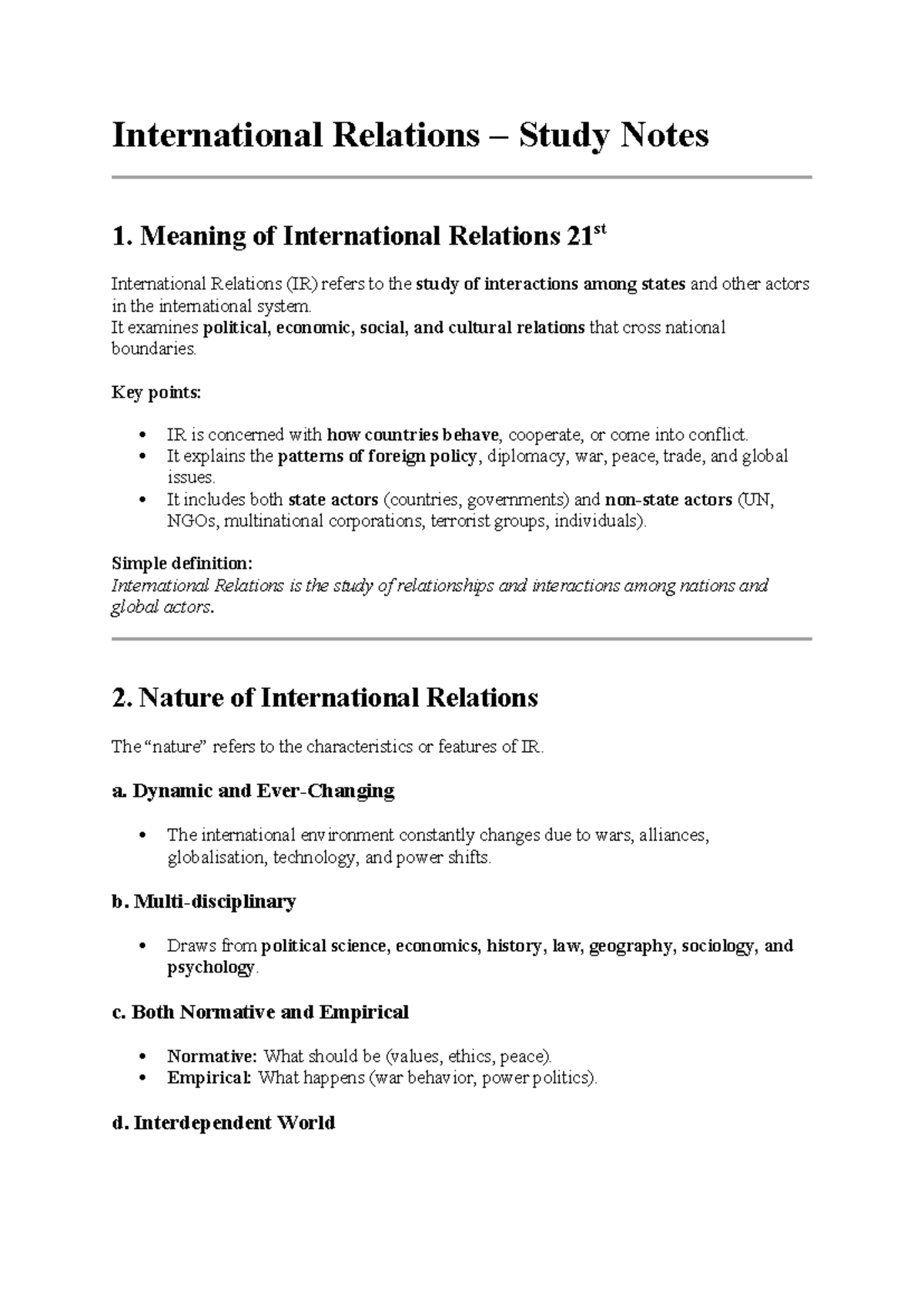 IR Study Notes: Nature and Scope of International Relations - Studocu