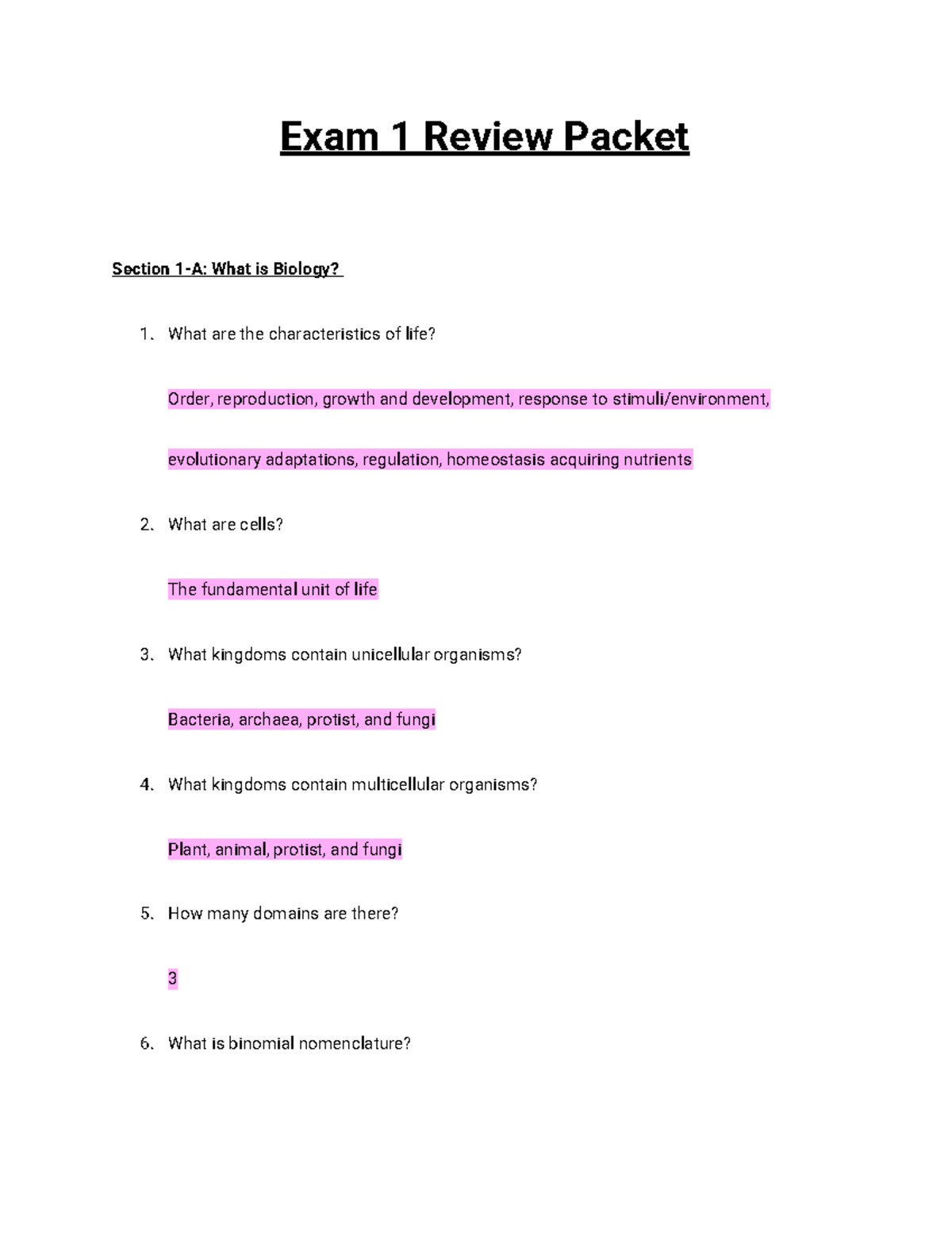 Biology 101: Exam 1 Review Packet - Key Concepts & Definitions - Studocu