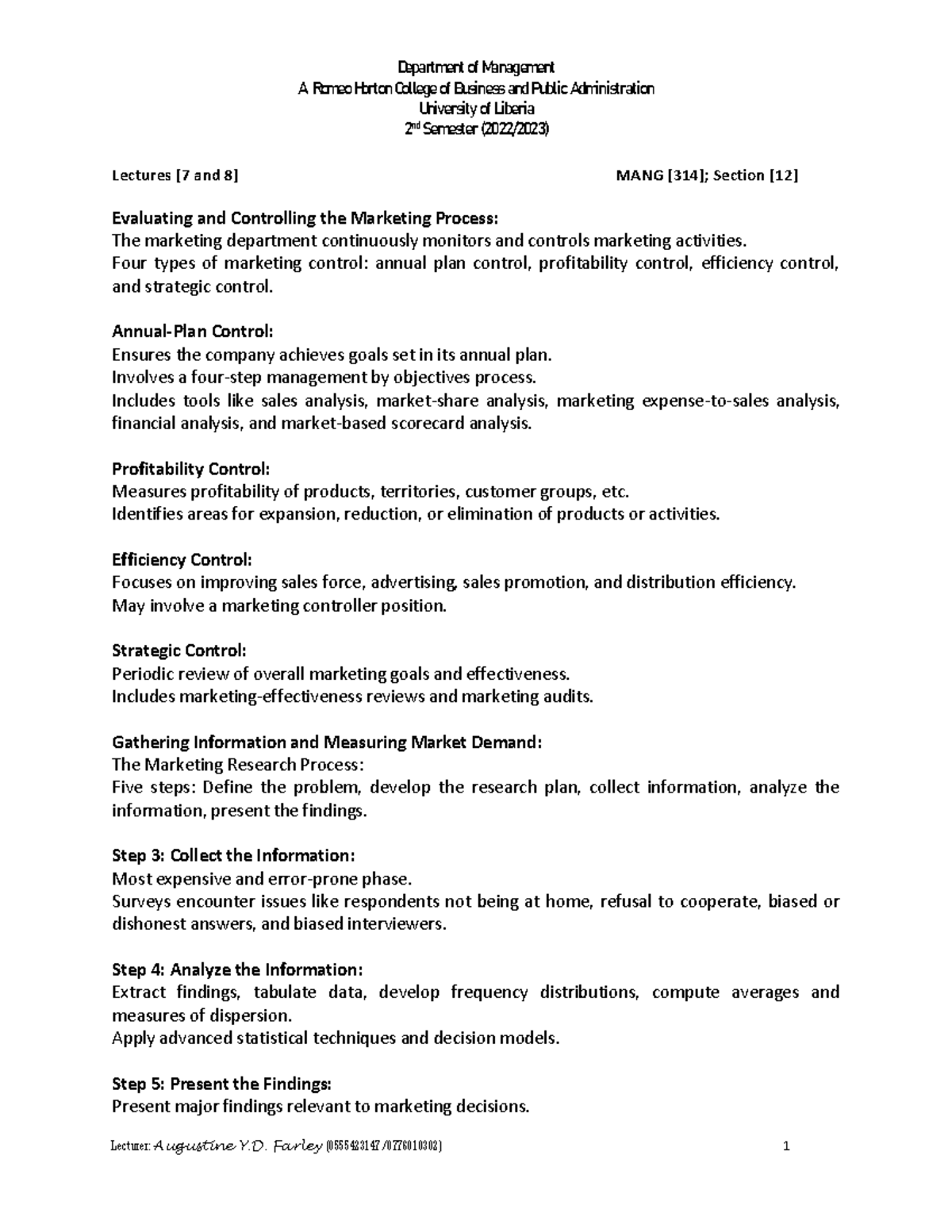 Lectures 7 and 8 Overview: Marketing Process Controls (MANG 314 12 ...