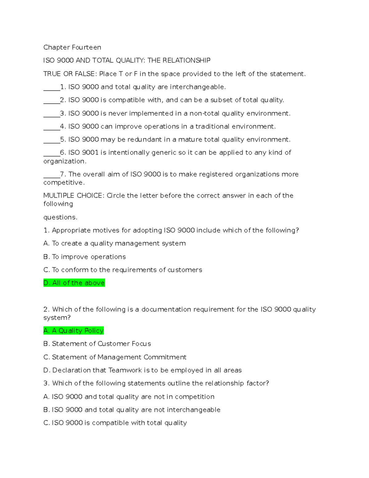 Chapter Fourteen - ISO 9000 and Total Quality Test Questions - Studocu