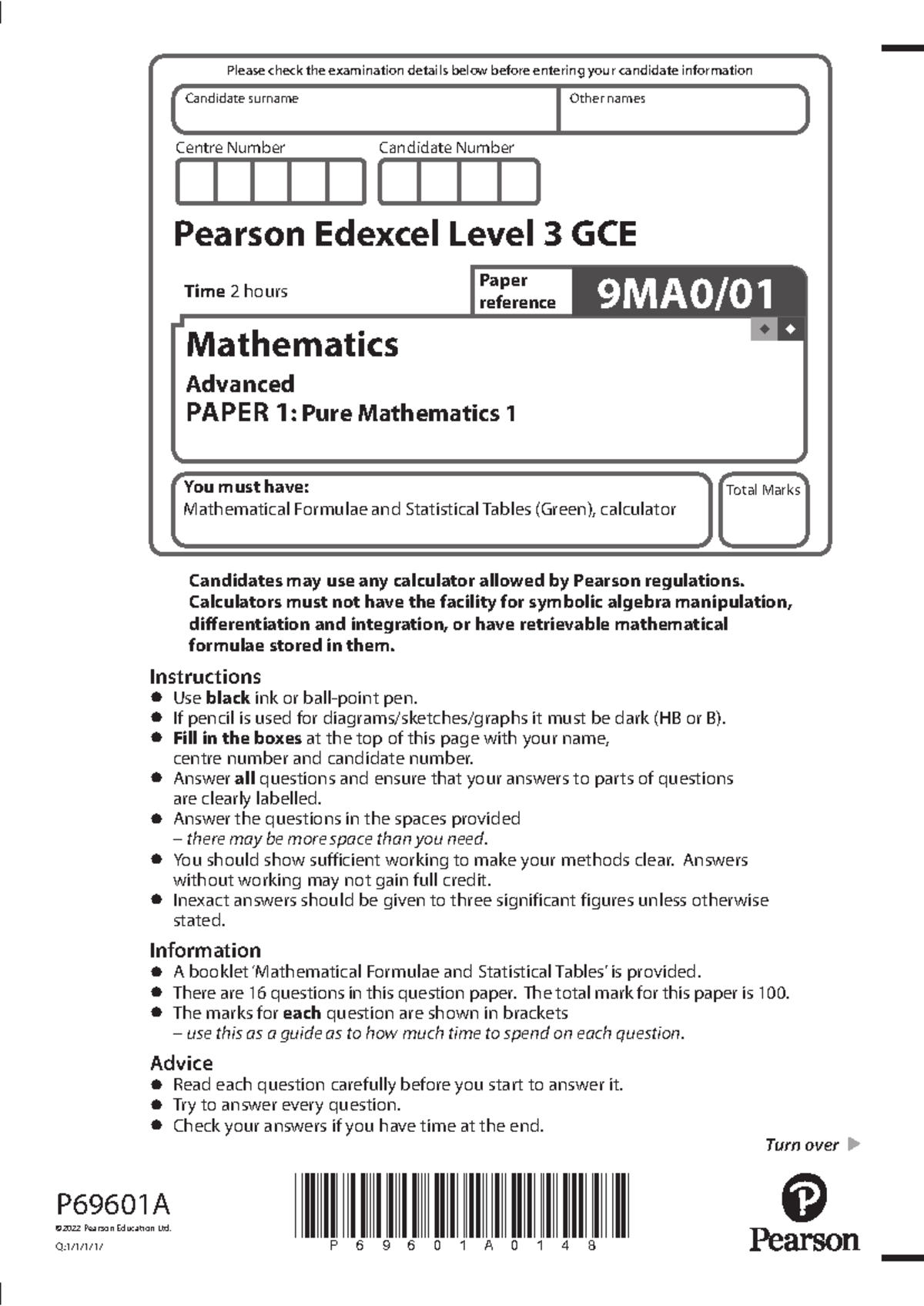 Pure Maths 1 A Level Exam Paper 2022: Questions and Instructions - Studocu