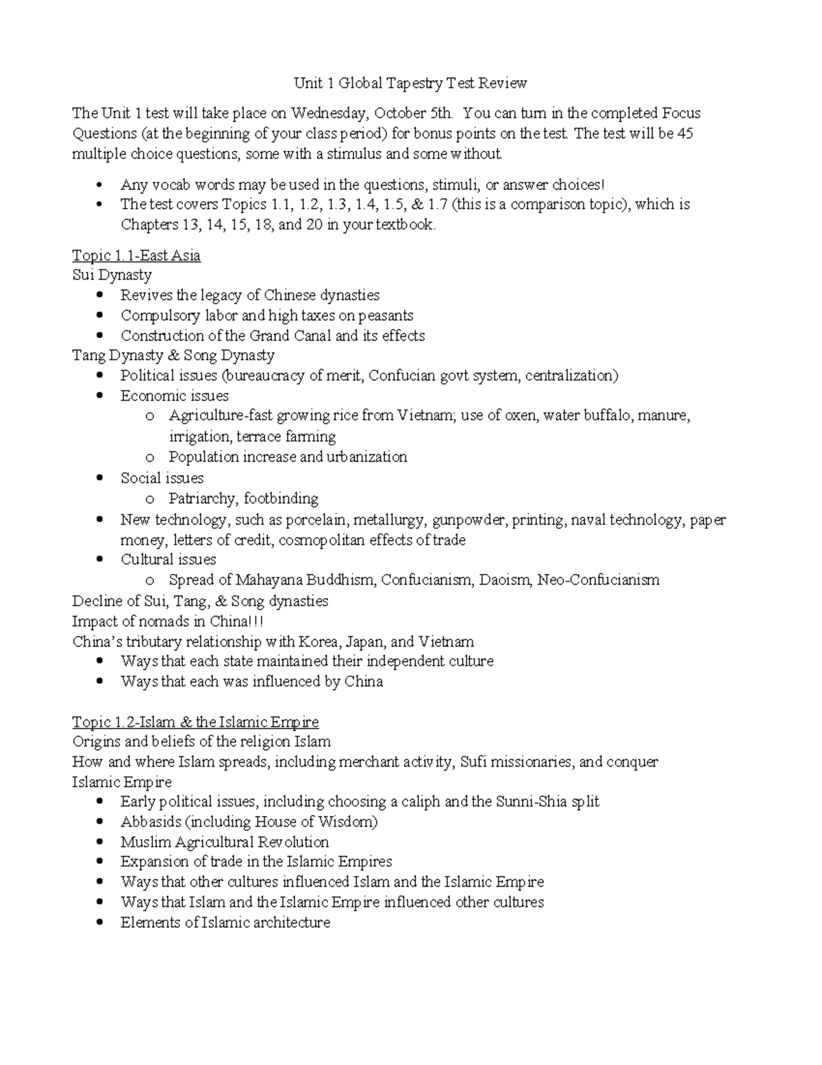 Unit 1 Global Tapestry Test Review (Topics 1.1-1.5) Insights - Studocu