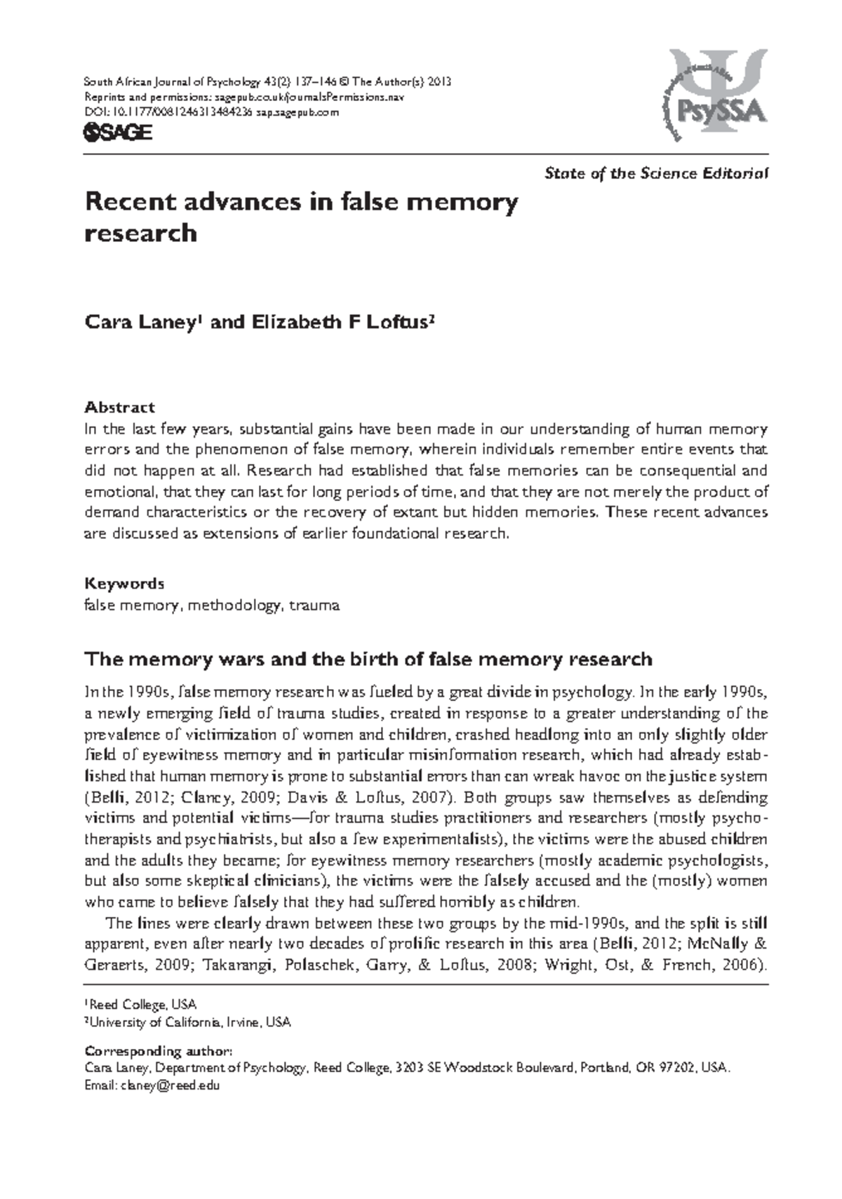 Article on advances in false memory research - South African Journal of ...
