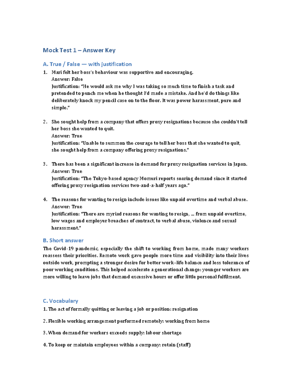 Mock Test 1 Answer Key: True/False & Short Answers - Studocu