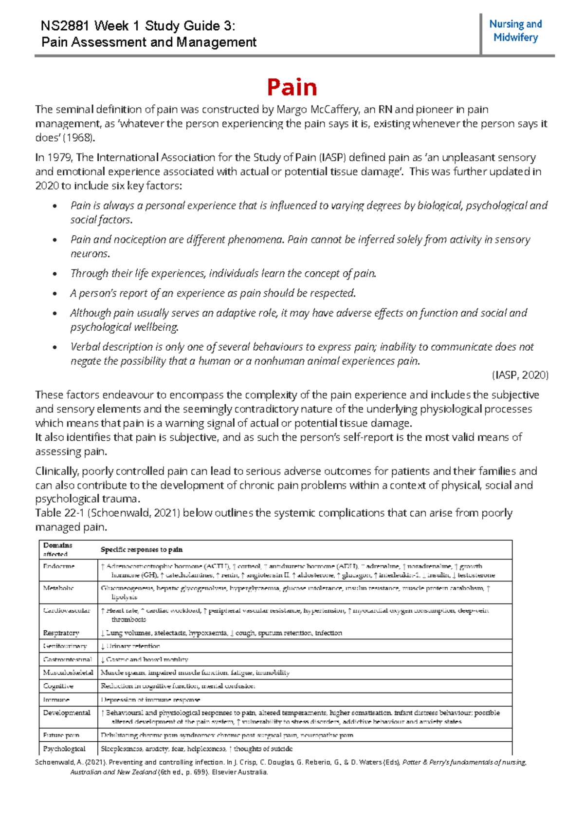 NS2881 Week 1 Study Guide 3: Comprehensive Overview of Pain Assessment ...