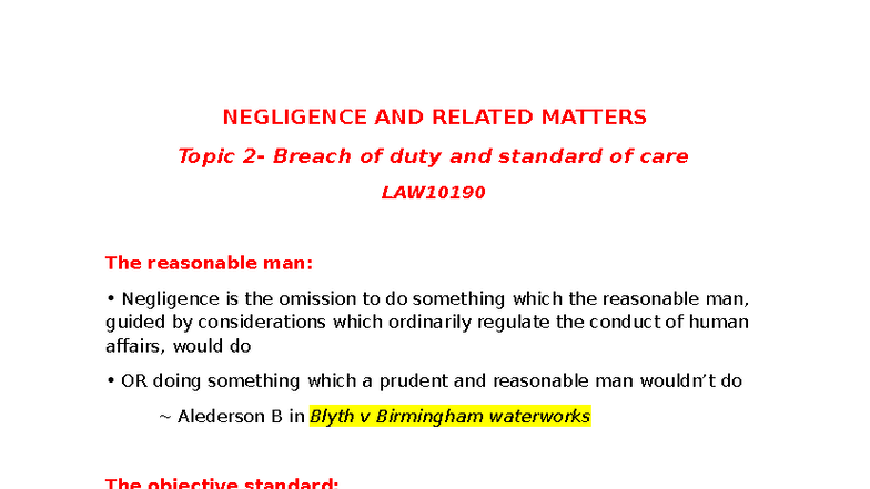 Negligence: Breach of Duty & Standard of Care - LAW10190 - Studocu