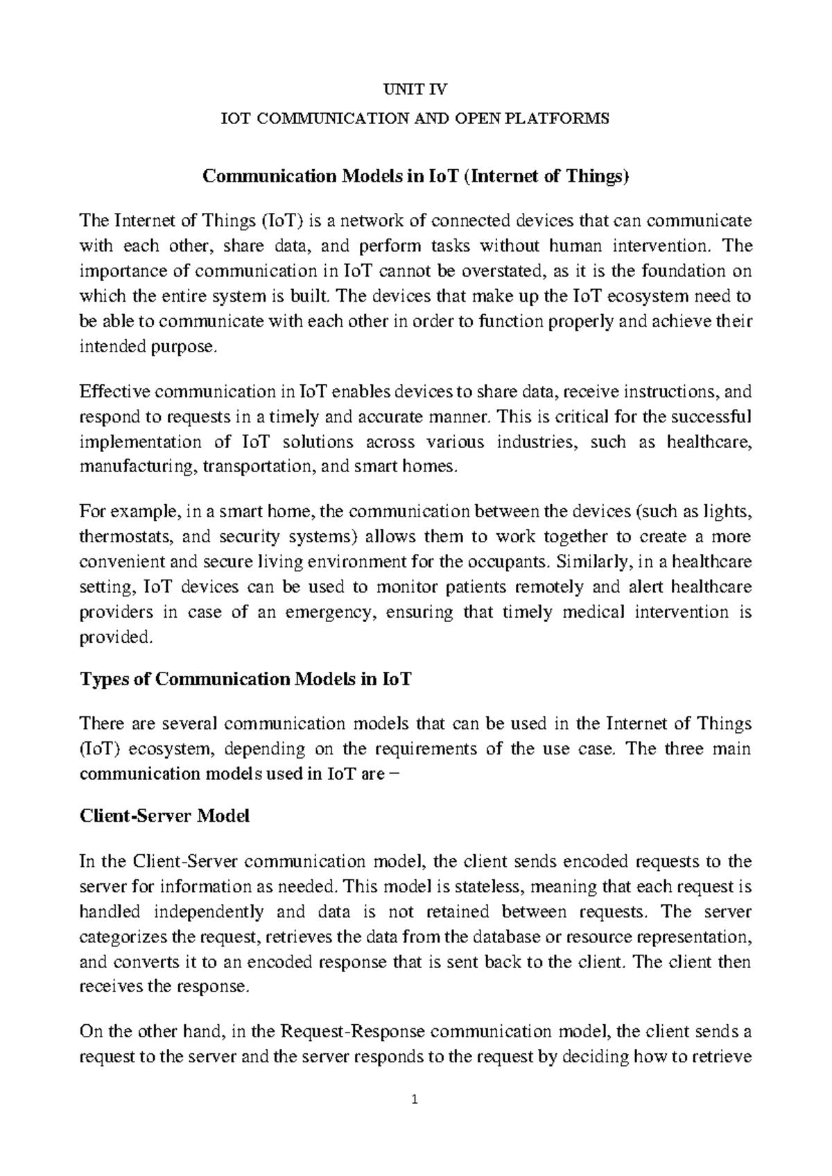 UNIT IV: IoT Communication Models & Open Platforms (118446) - Studocu