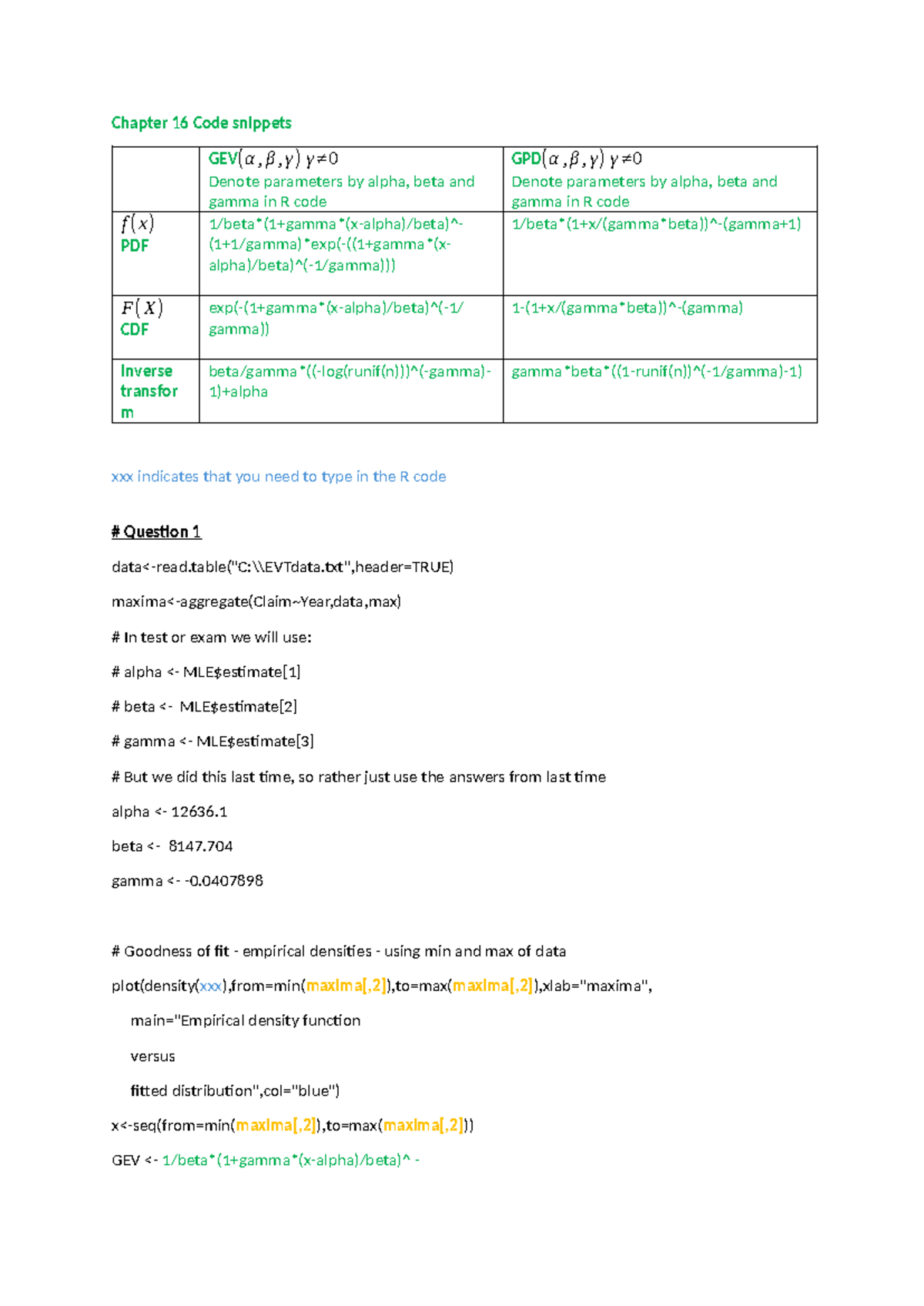 Chapter 16 Tutorial L5: GEV & GPD Code Snippets and Analysis - Studocu