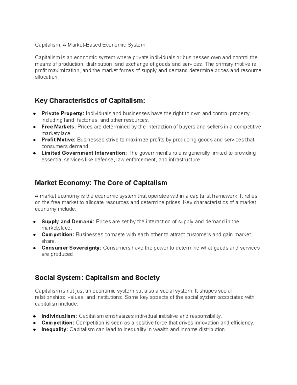 Capitalism: Understanding the Economic System and Market Dynamics - Studocu