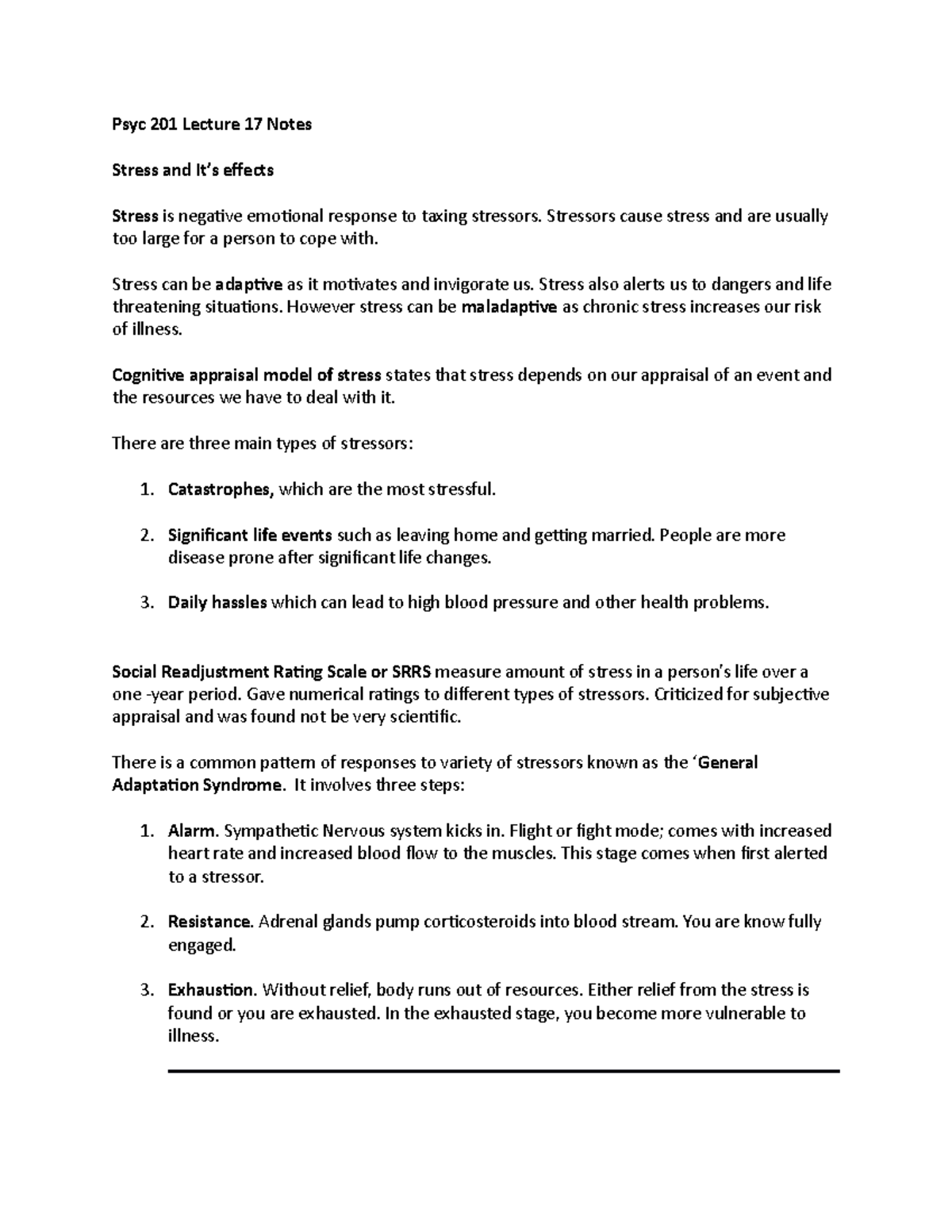 Psyc 201 Lecture 17 Notes - Psyc 201 Lecture 17 Notes Stress and ...