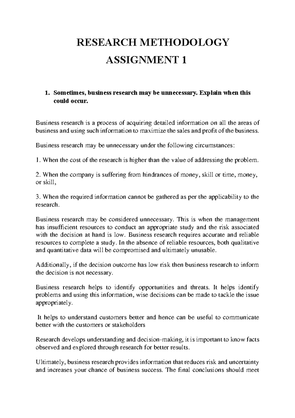 Research Methodology Assignment 1: Analyzing Research Necessity and ...