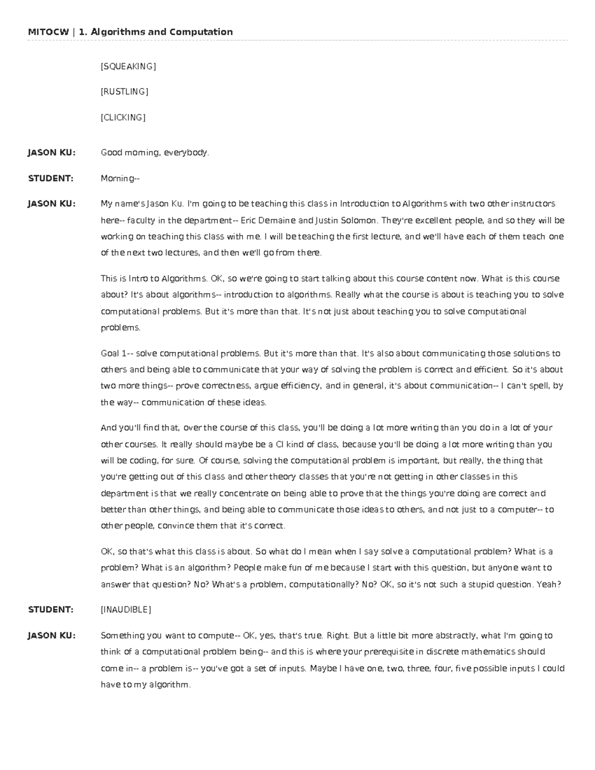 MITOCW 1. Intro to Algorithms - Lecture 1 Transcript - Studocu