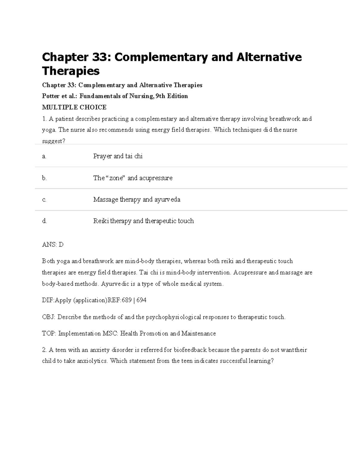 Chapter 33: MCQs on Complementary and Alternative Therapies - Studocu