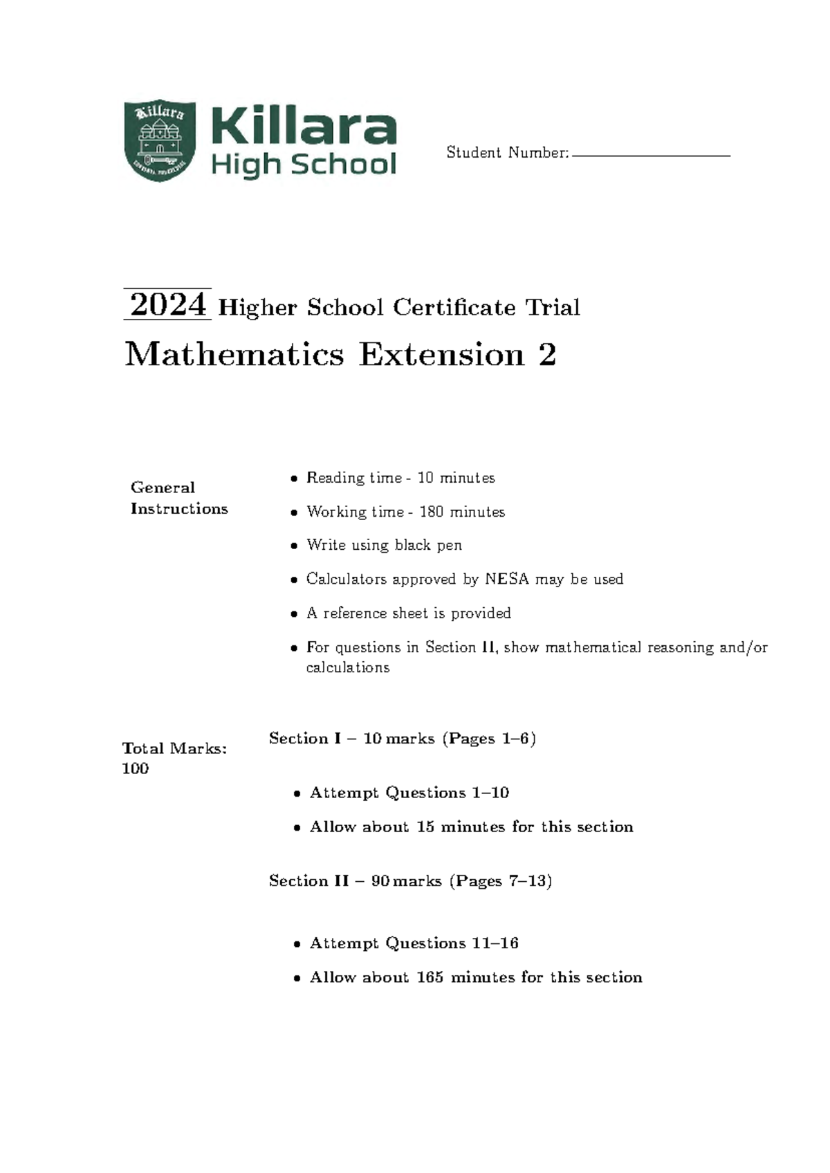 2024 HSC Trial Mathematics Extension 2 Exam Paper - Studocu