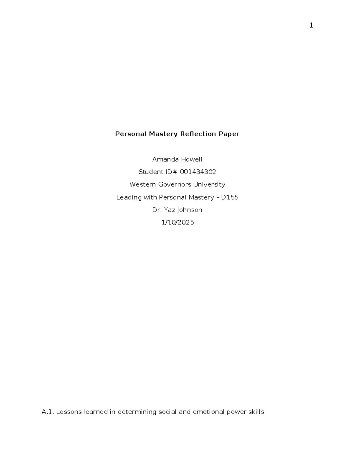 Howell D155 Personal Mastery Reflection Paper - Task 2r - Studocu
