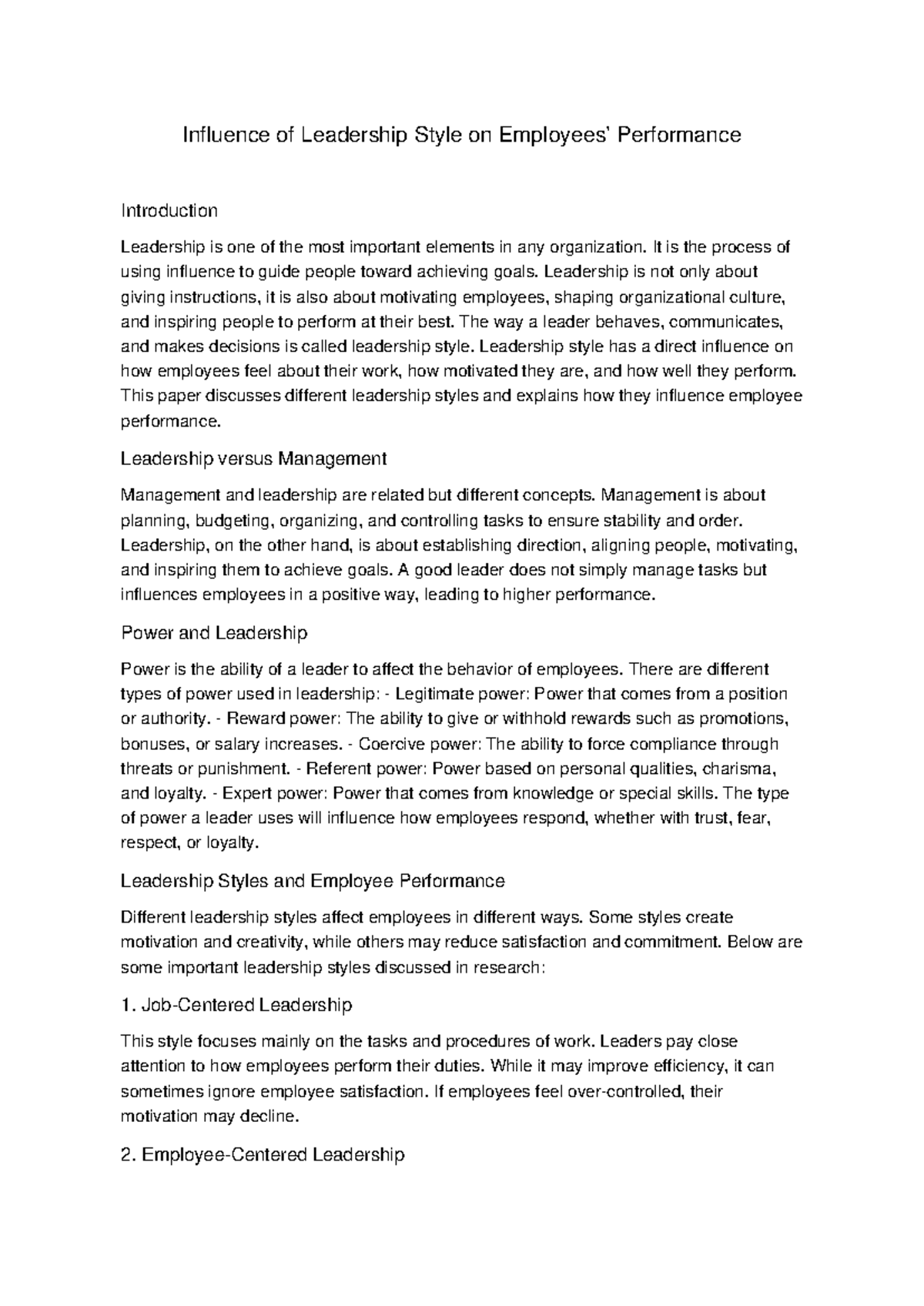 Influence of Leadership Style on Employee Performance Analysis - Studocu