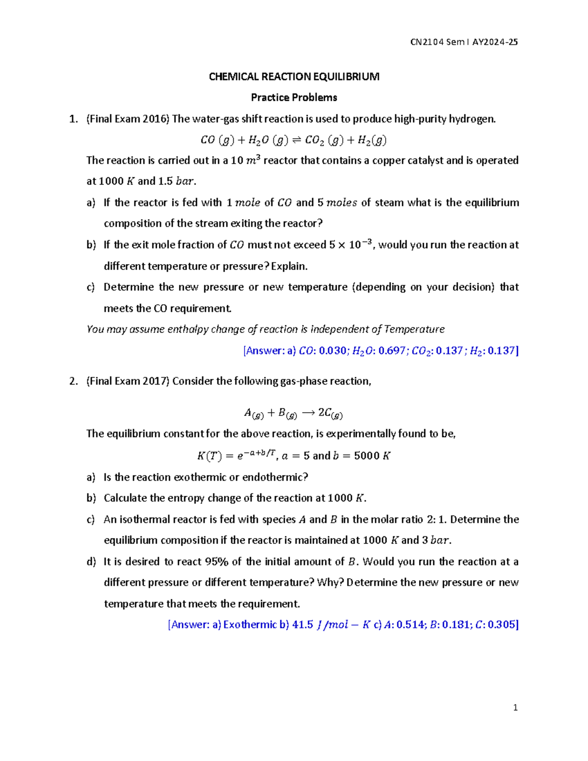 P12 Final Exam Chemical Reaction Equilibrium Practice Problems - Studocu