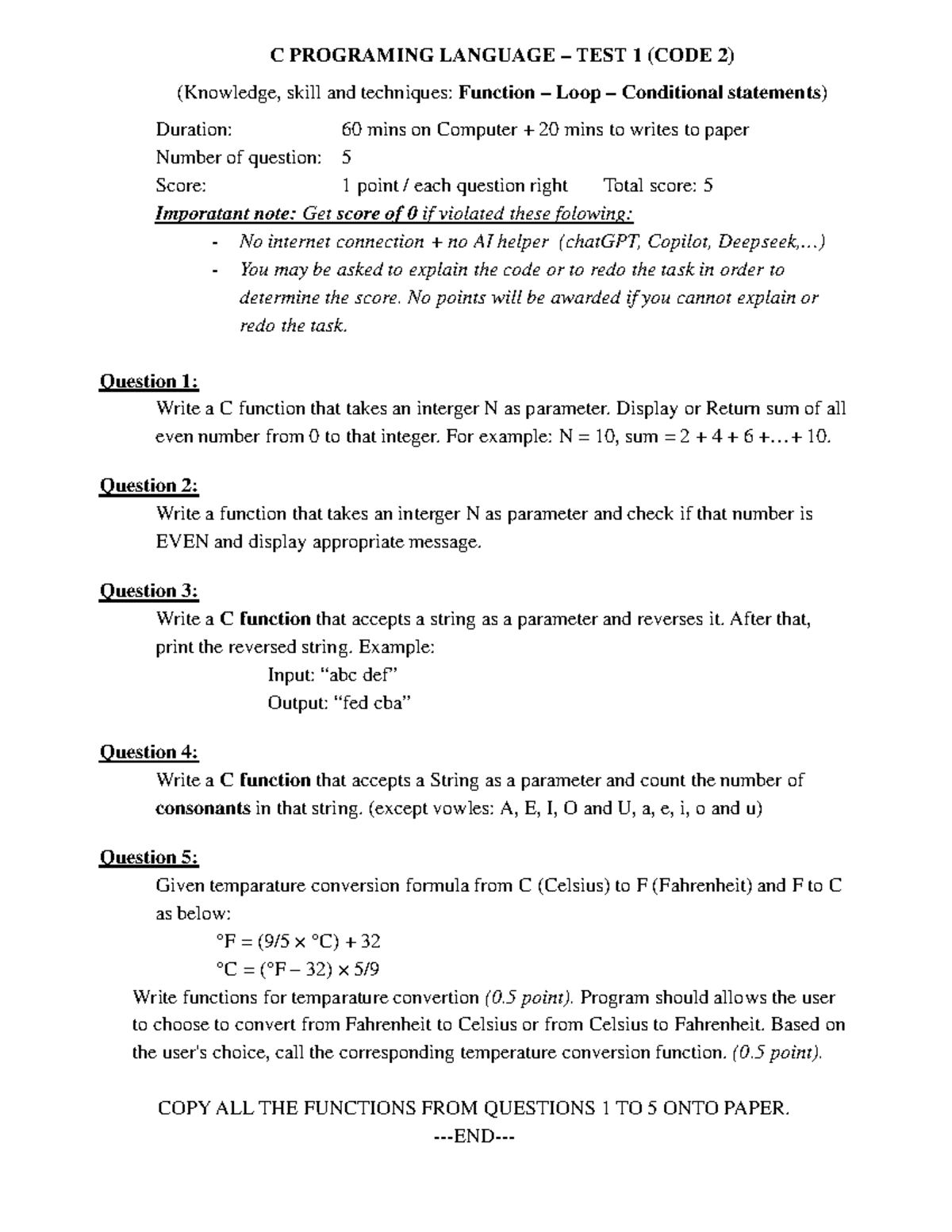 Midterm Test 1 - C Programming Language (Code 2) - Kinh Te Luong - Studocu