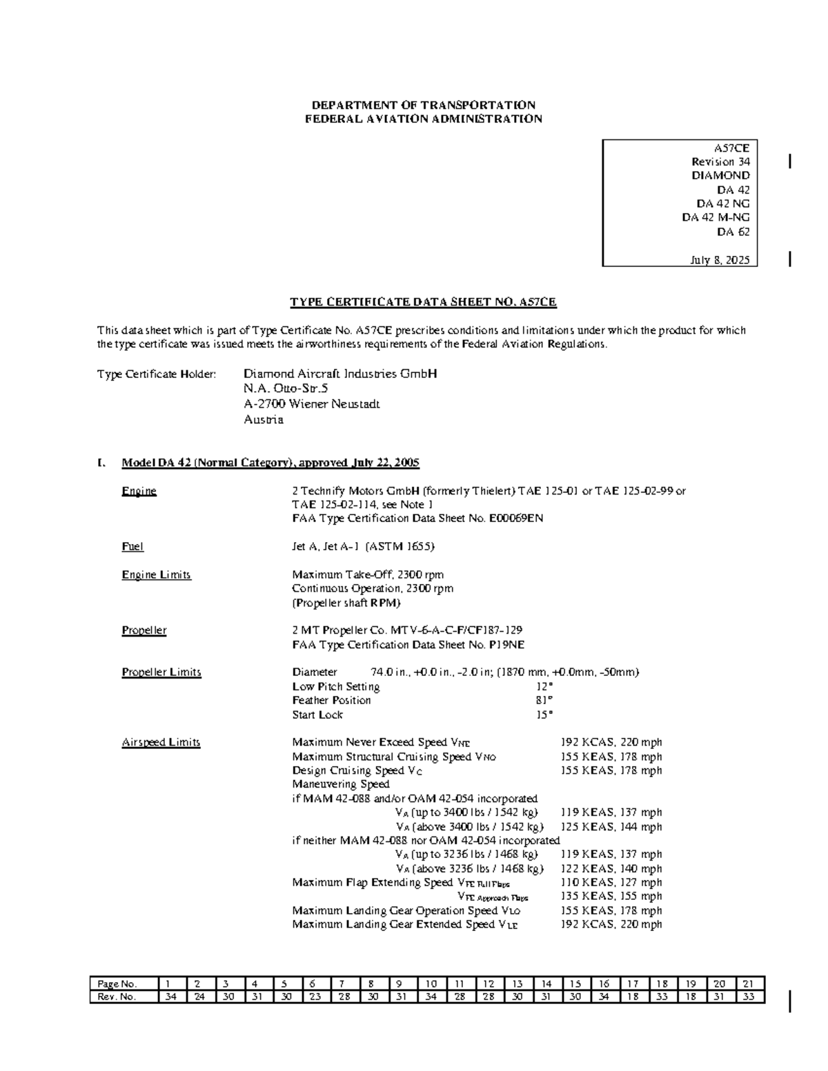 DA42 TCDS - Type Certificate Data Sheet A57CE Overview - Studocu