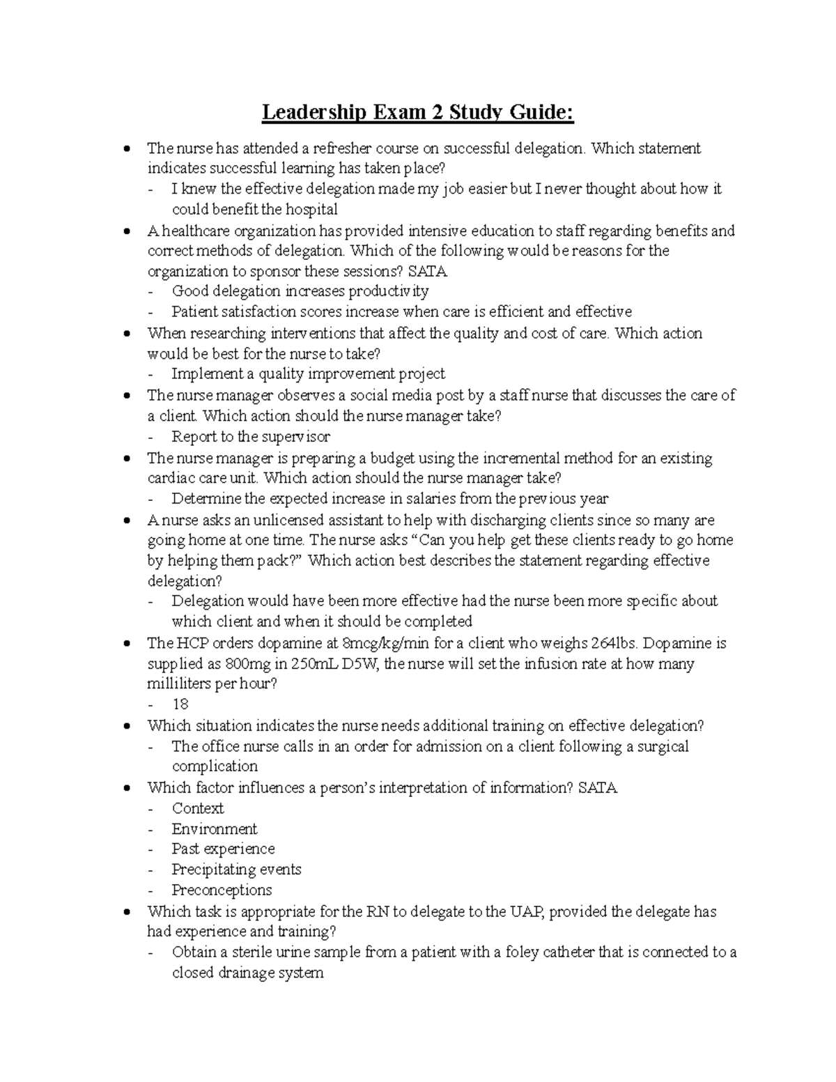 Leadership Exam 2 Study Guide: Effective Delegation in Nursing - Studocu