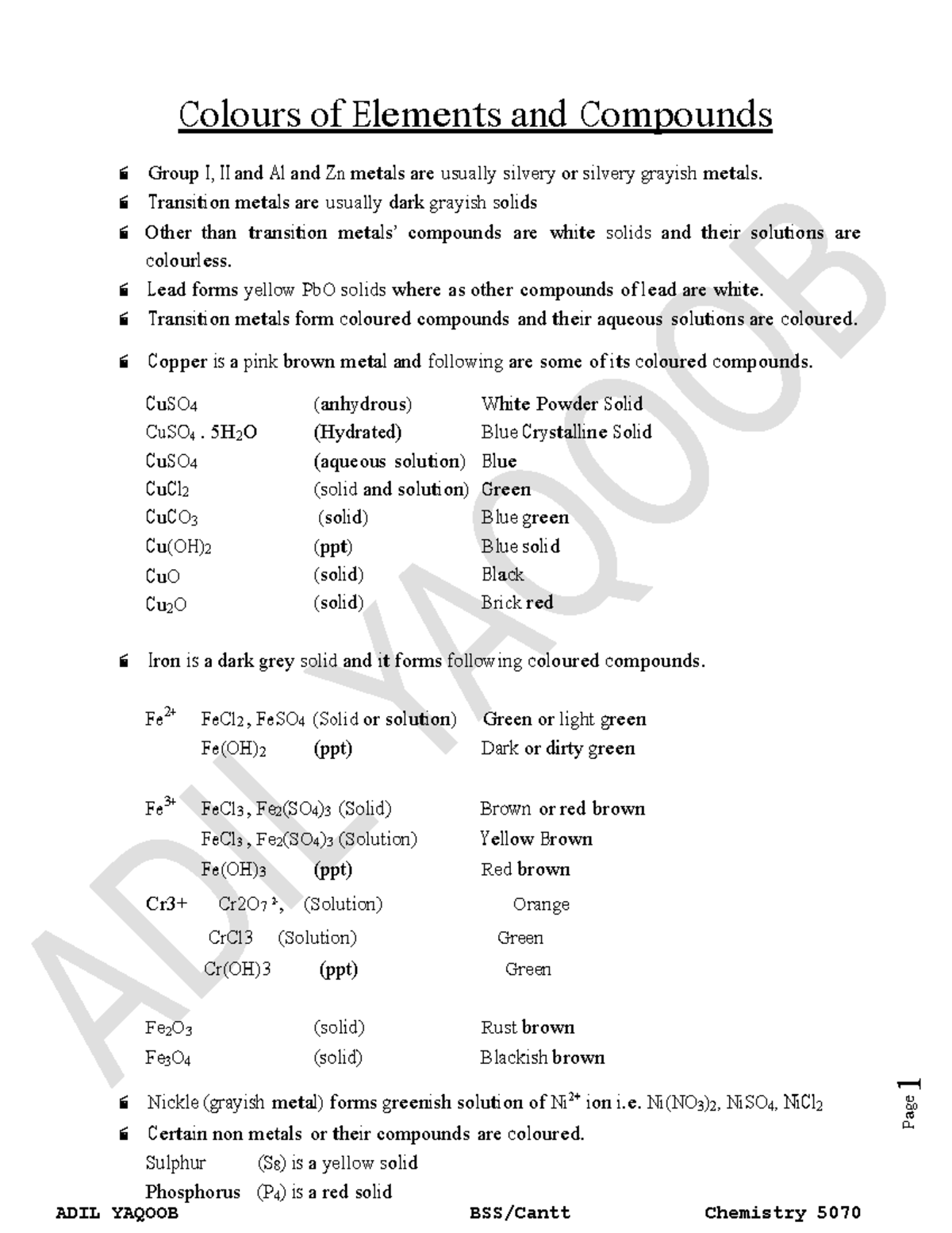 Final colours of Elements and Compounds and Tests - P ag e 1 Co l o ur ...