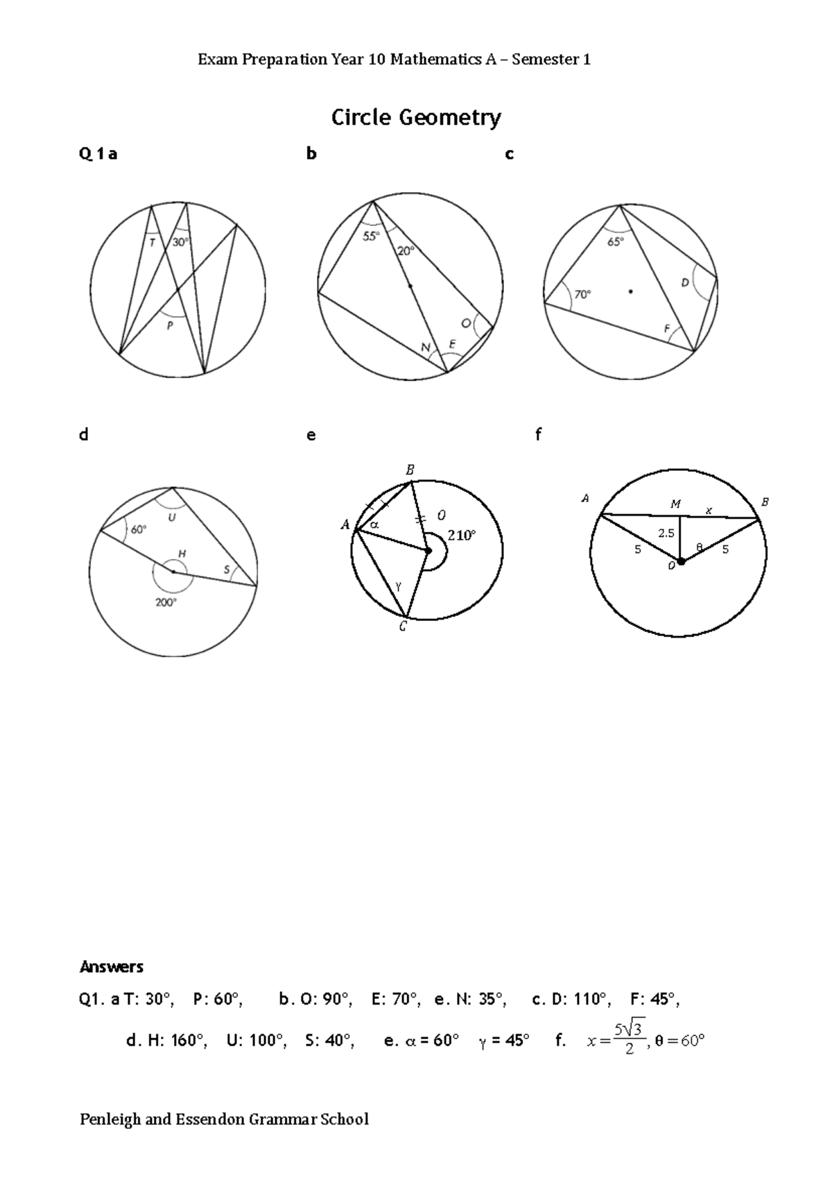 Y10A Sem 1 Exam Prep: Circle Geometry Questions & Answers - Studocu