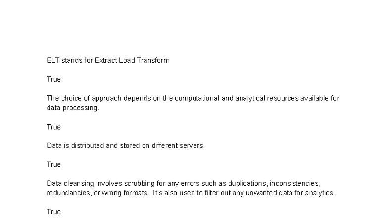 Data Analytics Quizzes: Understanding ELT and ETL Concepts - Studocu