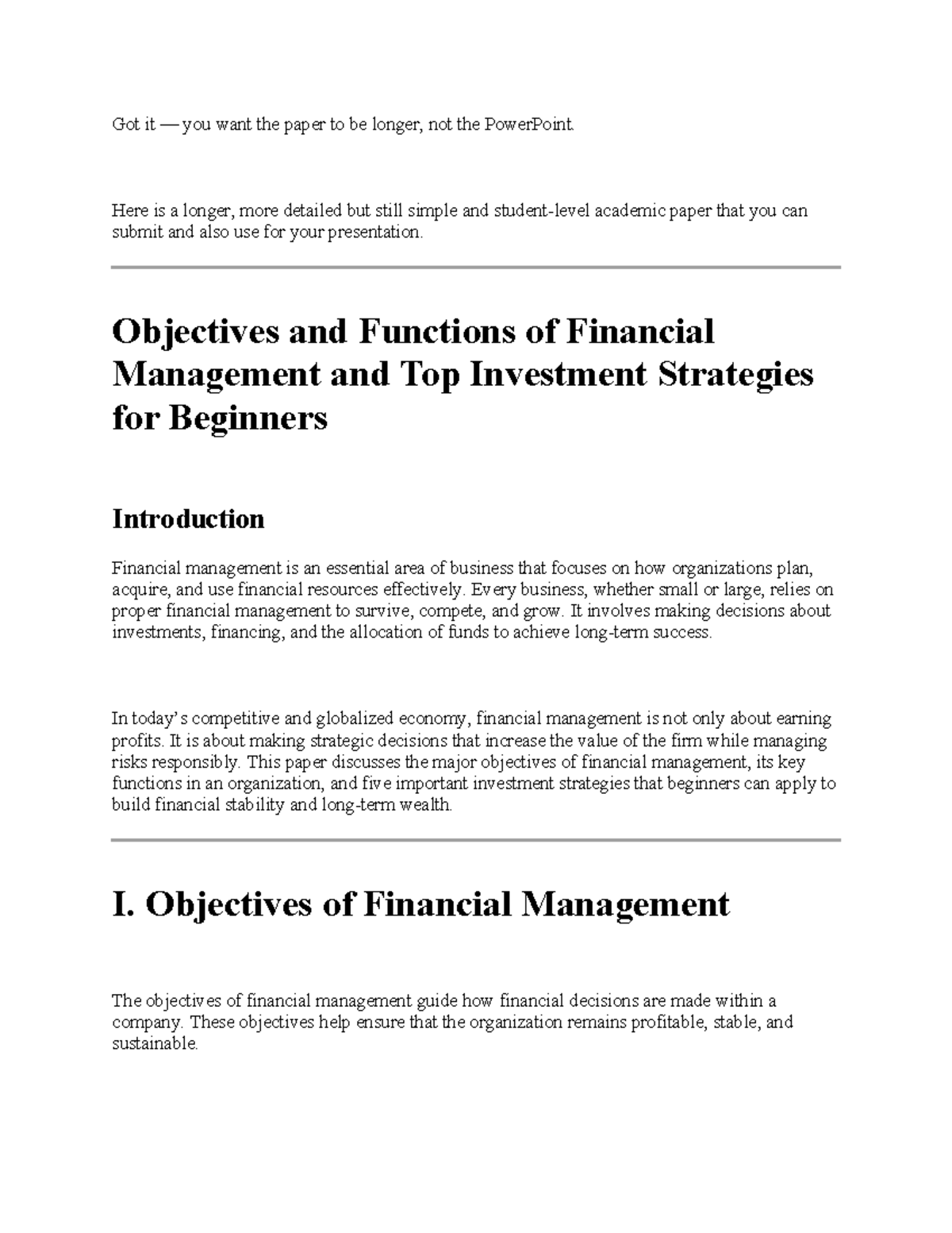 Financial Management Objectives & Investment Strategies - Magdu Ass ...