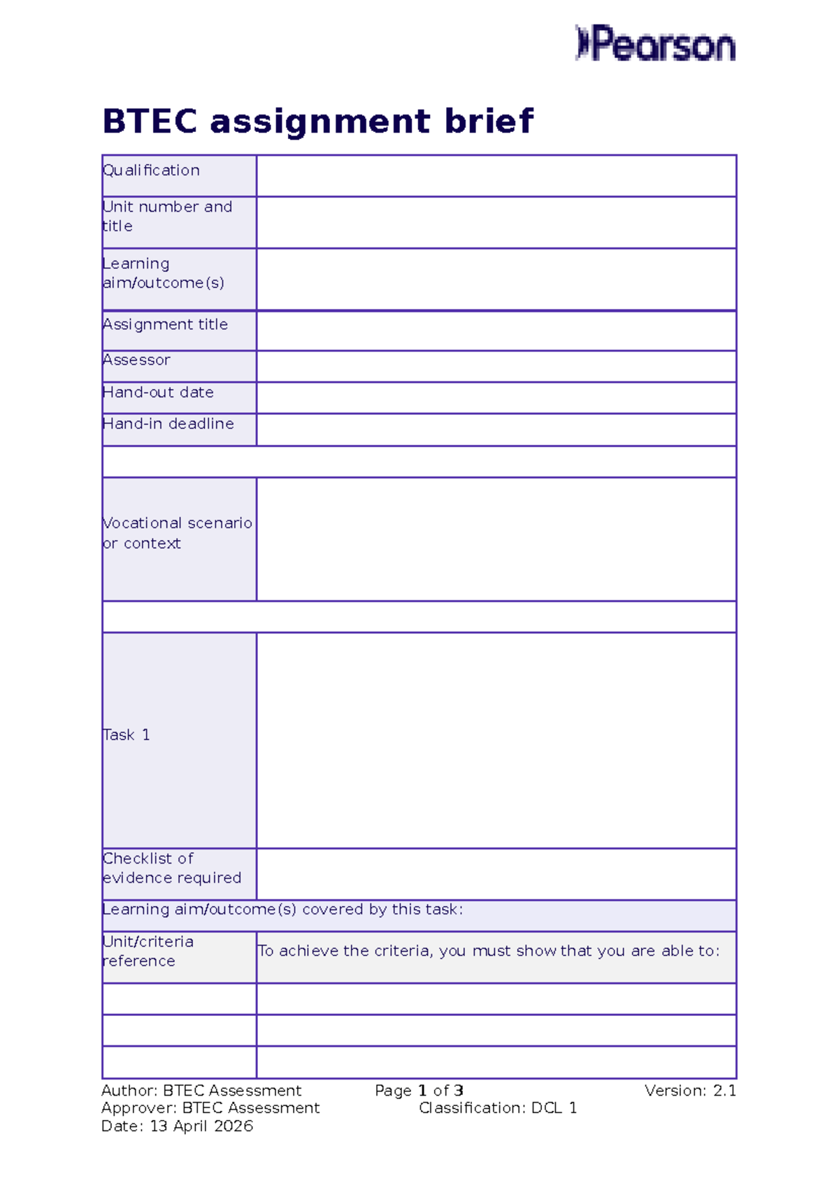 BTEC Assignment Brief Template: Unit Overview & Task Checklists - Studocu
