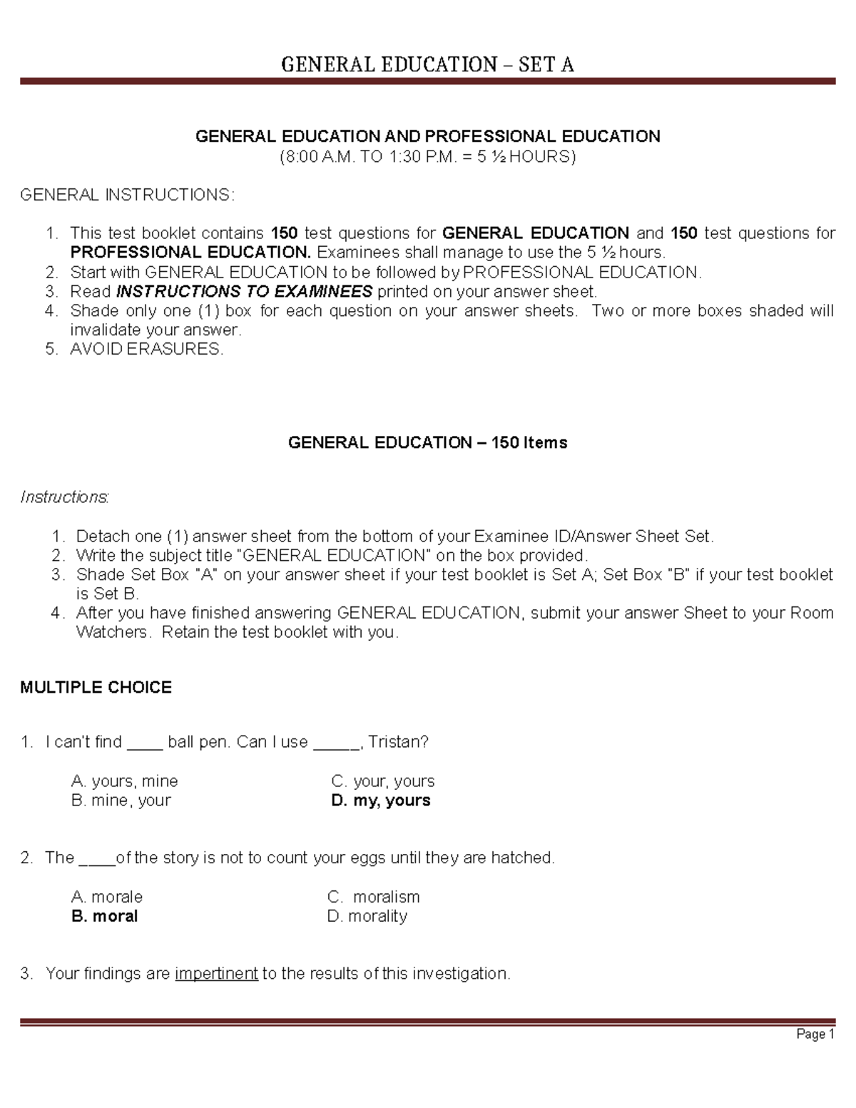 Gen Ed SET A Exam Instructions & Questions (Feb 2016) - Studocu