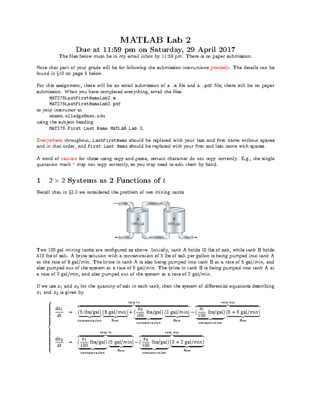 MAT275 MATLAB Lab 2 - Solving Systems of Differential Equations - Studocu