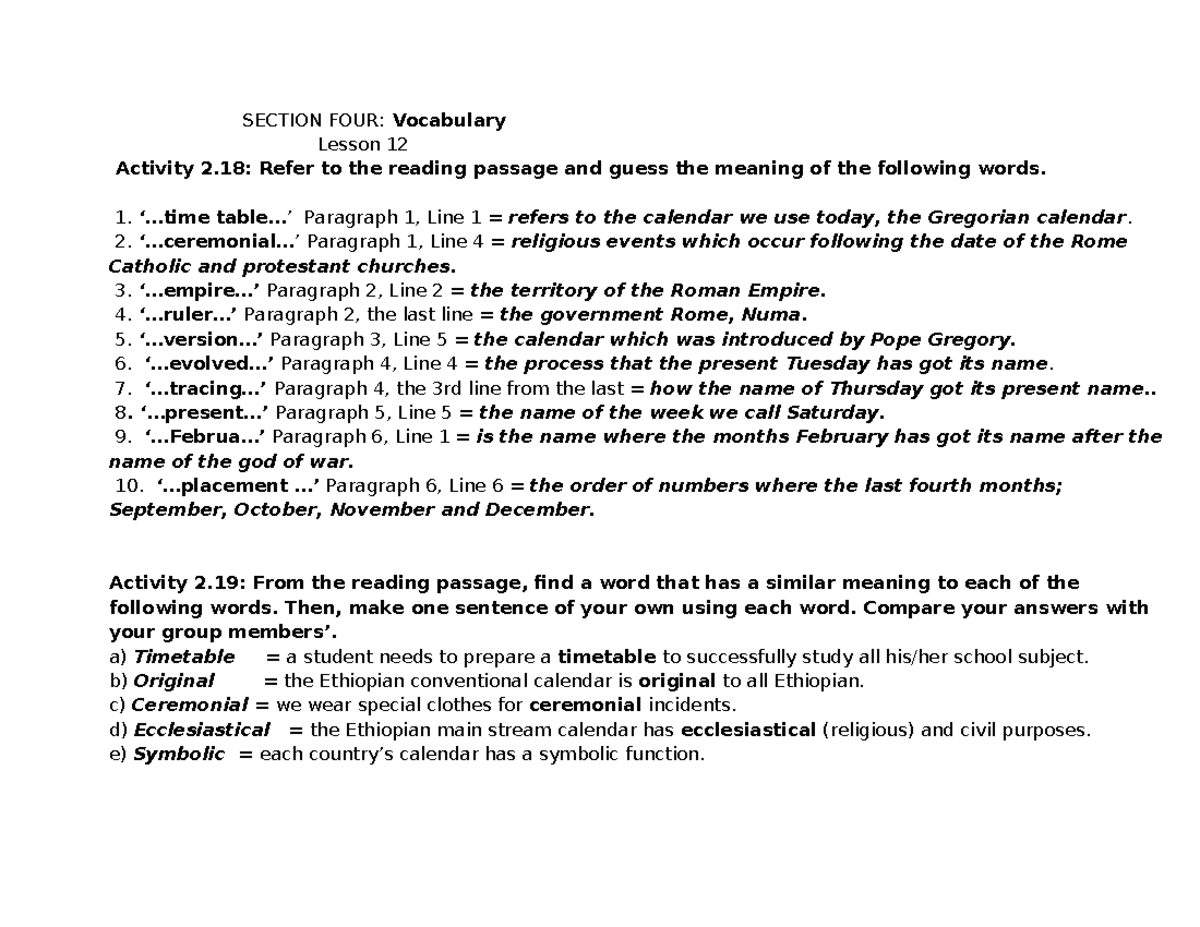 Vocabulary Lesson 12 Activities: Meaning & Usage Insights - Studocu
