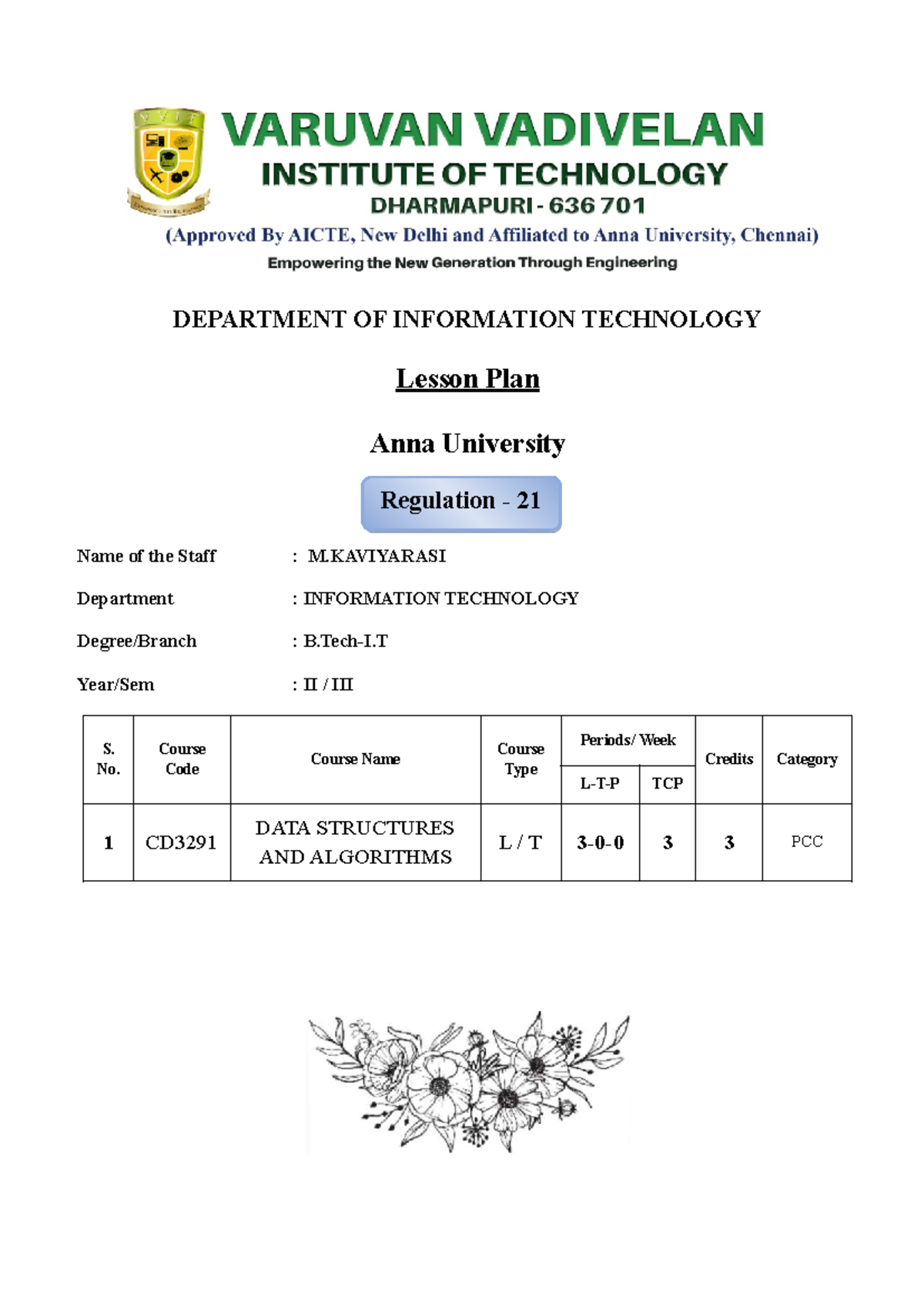 CD3291 DATA STRUCTURES AND ALGORITHMS Lesson Plan for Anna University ...