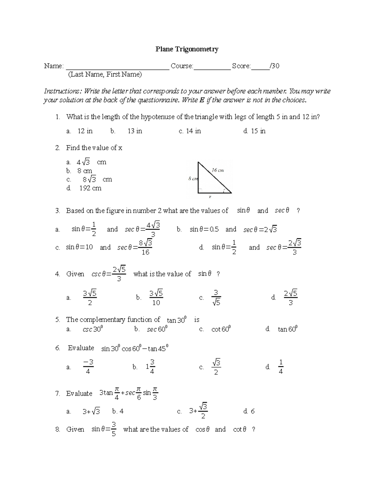 PT remedial - Plane Trigonometry - Plane Trigonometry Name