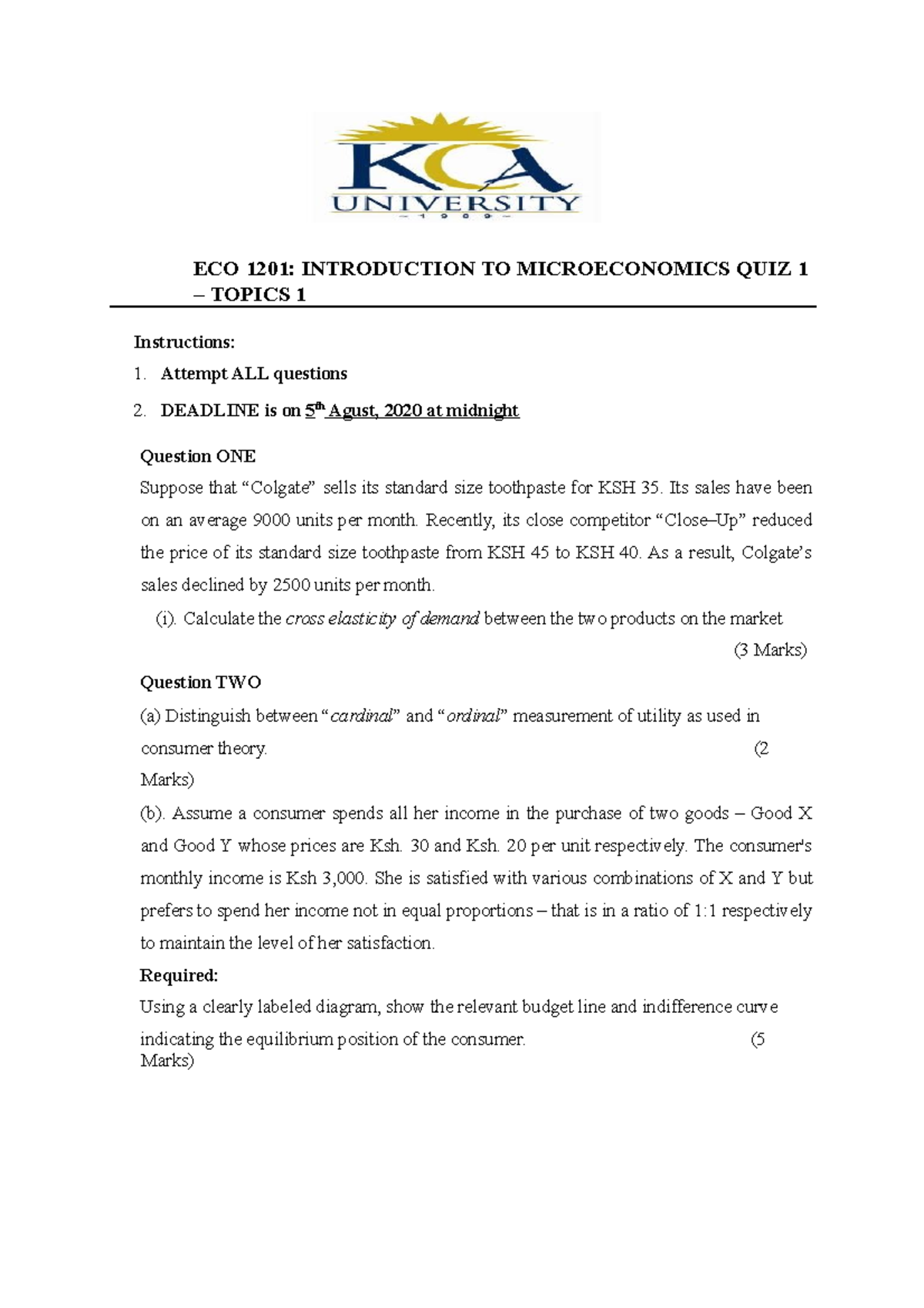 ECO 1201: Intro to Microeconomics Quiz 1 - Topics 1 Overview - Document Preview