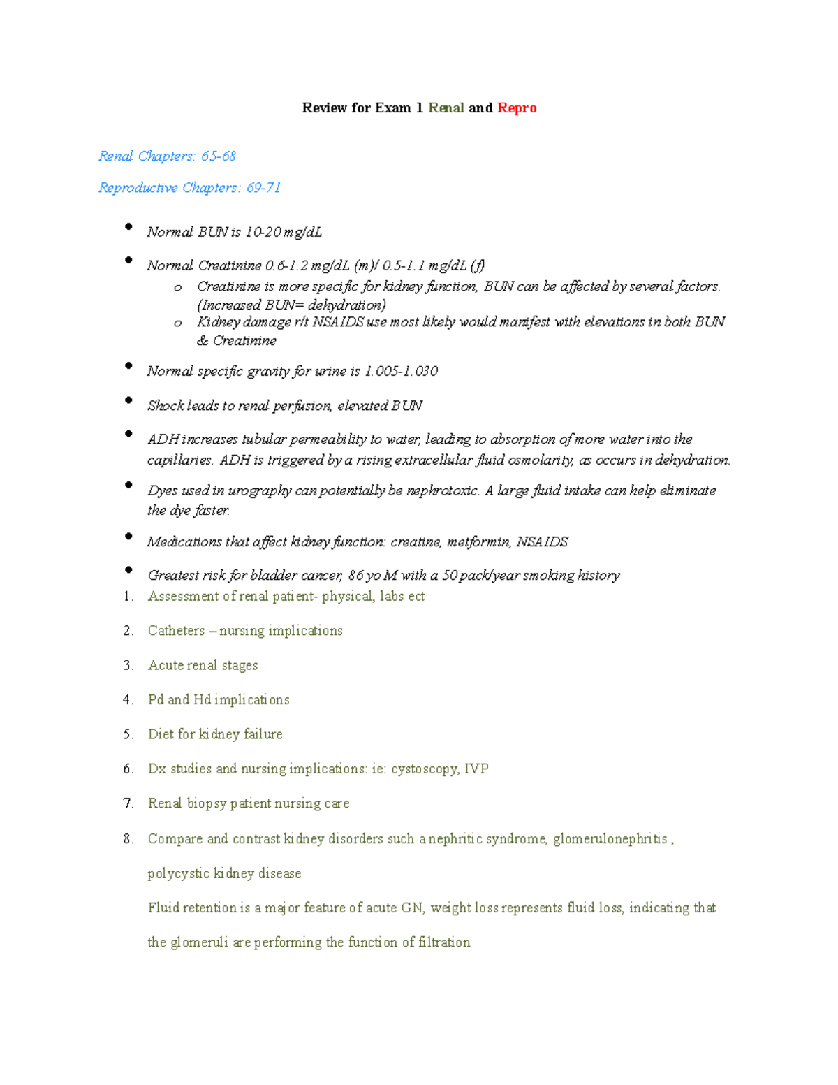 Final Exam Rev Med Surg 2 - Review for Exam 1 Renal and Repro Renal ...
