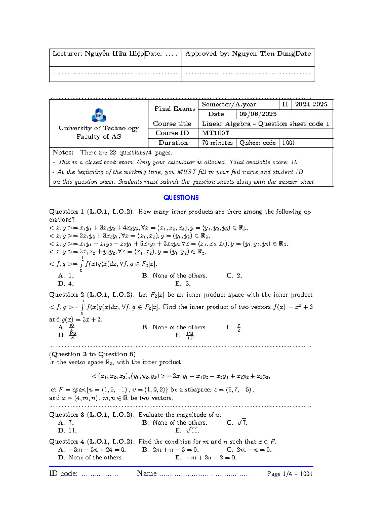 MT1007 Final Exam: Linear Algebra Question Sheet - Studocu