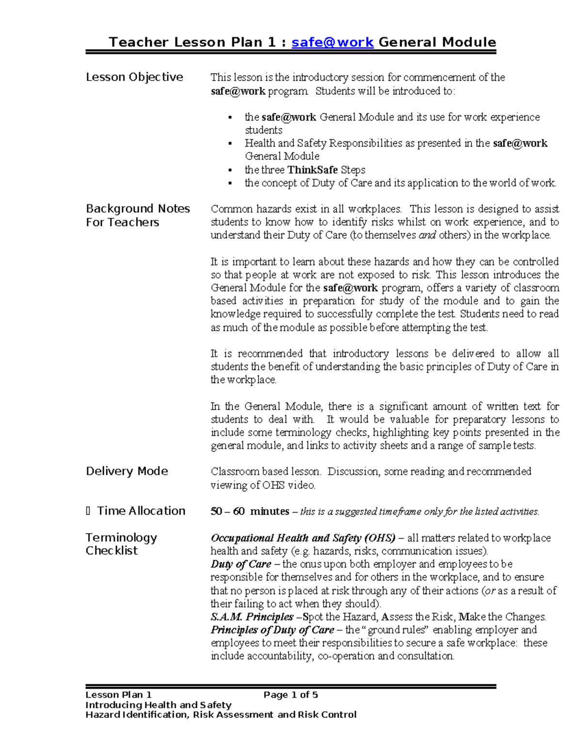 Teacher Lesson Plan 1: Intro to General Module on Health & Safety - Studocu