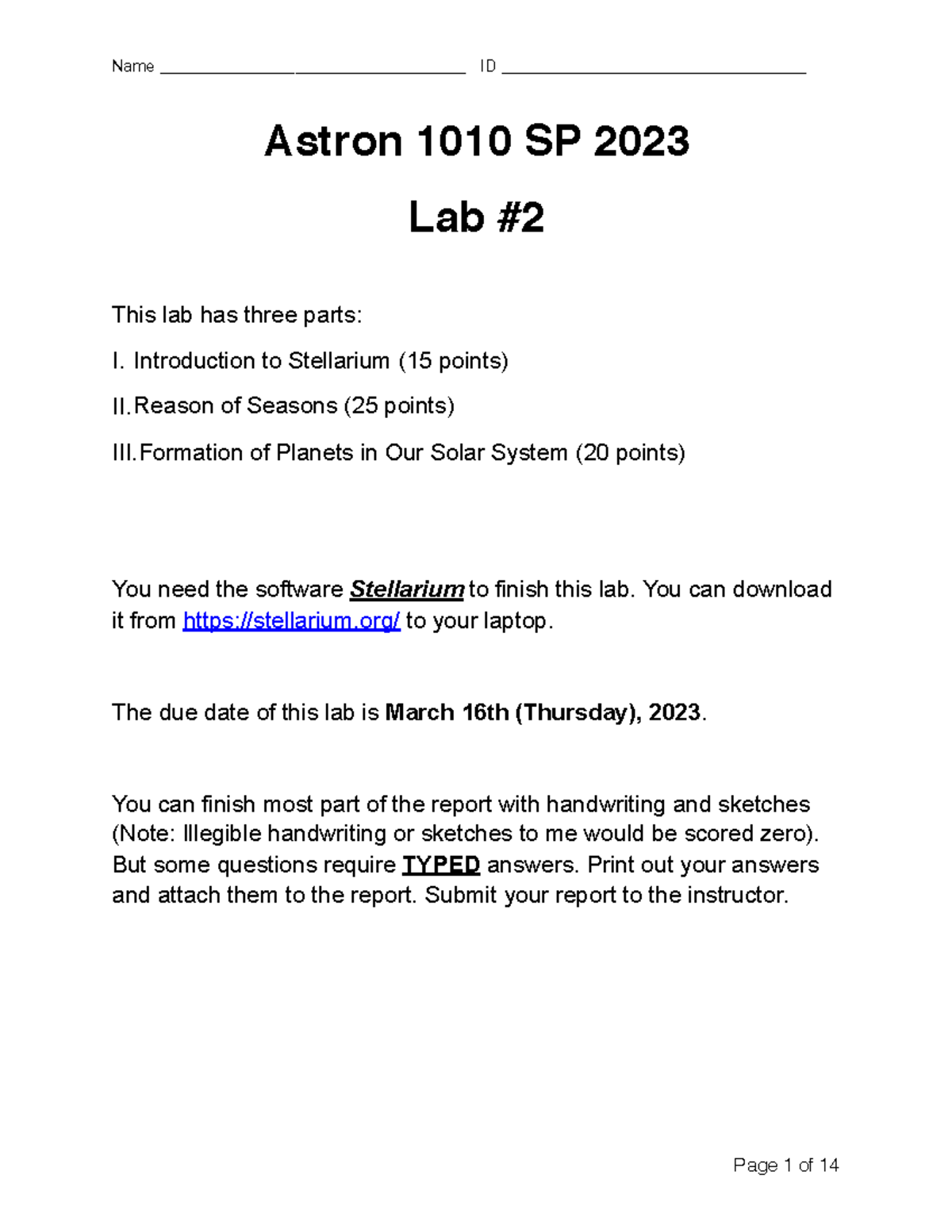 Astron 1010 SP 2023 Lab #2: Exploring Stellarium and Planetary Motion ...