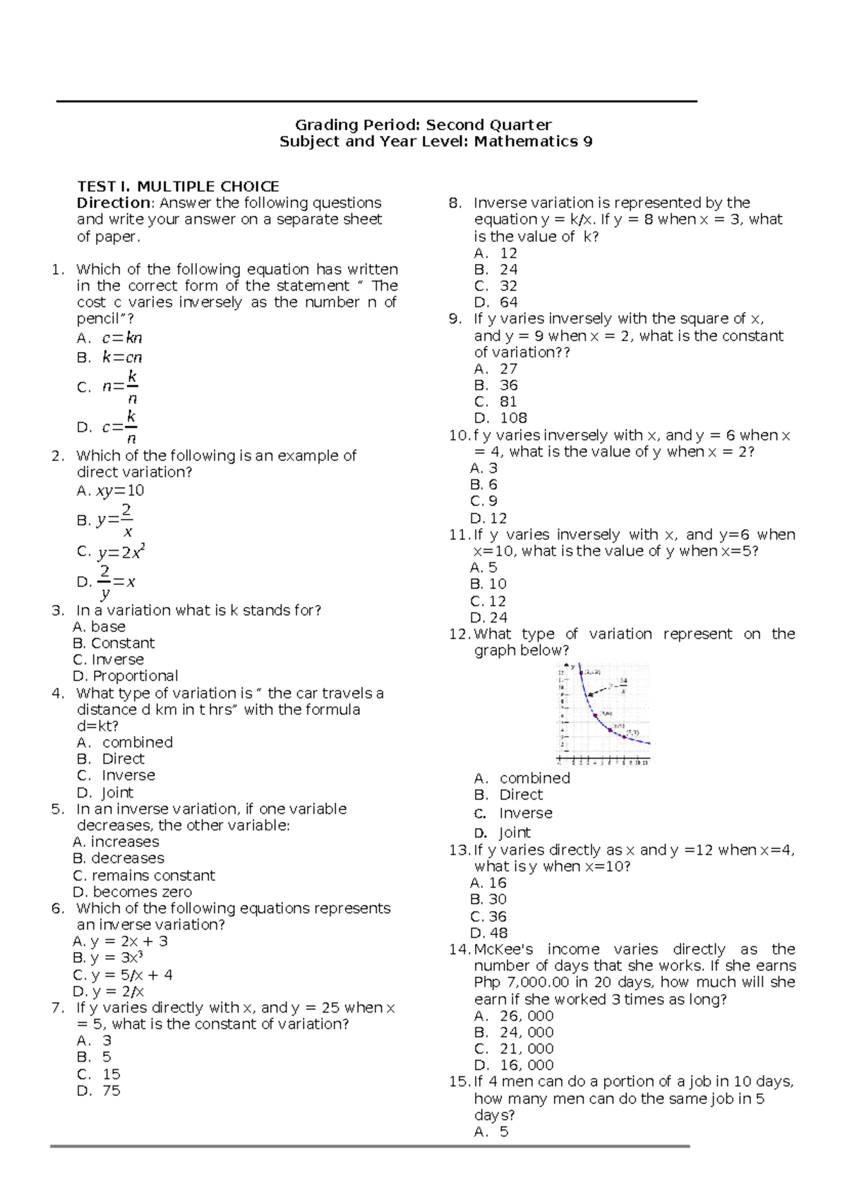 2nd Quarter Exam in Math 9: Multiple Choice Questions - Studocu