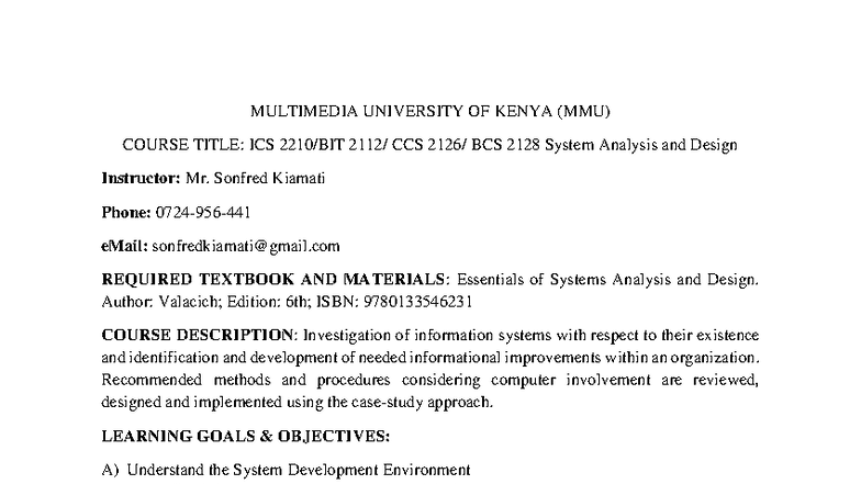 SAD - Course Outline - MULTIMEDIA UNIVERSITY OF KENYA (MMU) COURSE ...