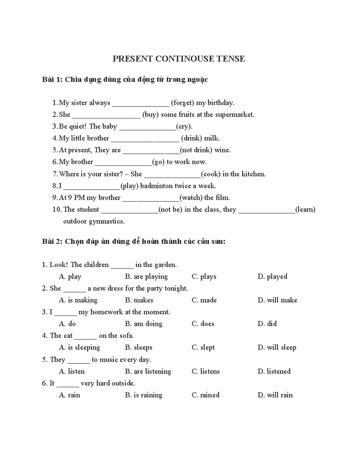 Present Continuous Tense Exercises and Practice 2 - Studocu